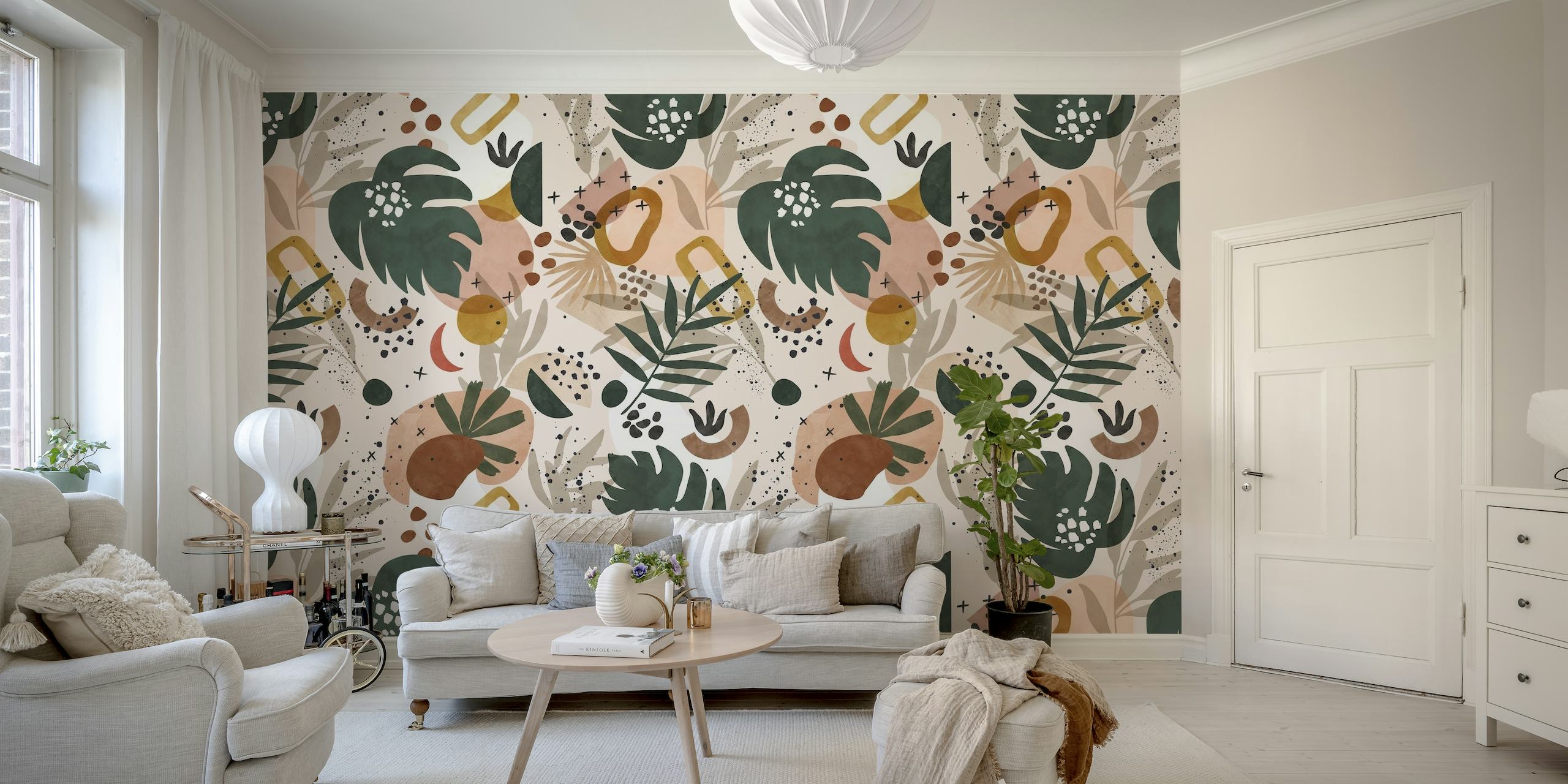 Abstract nature wall mural with tropical foliage and geometric shapes