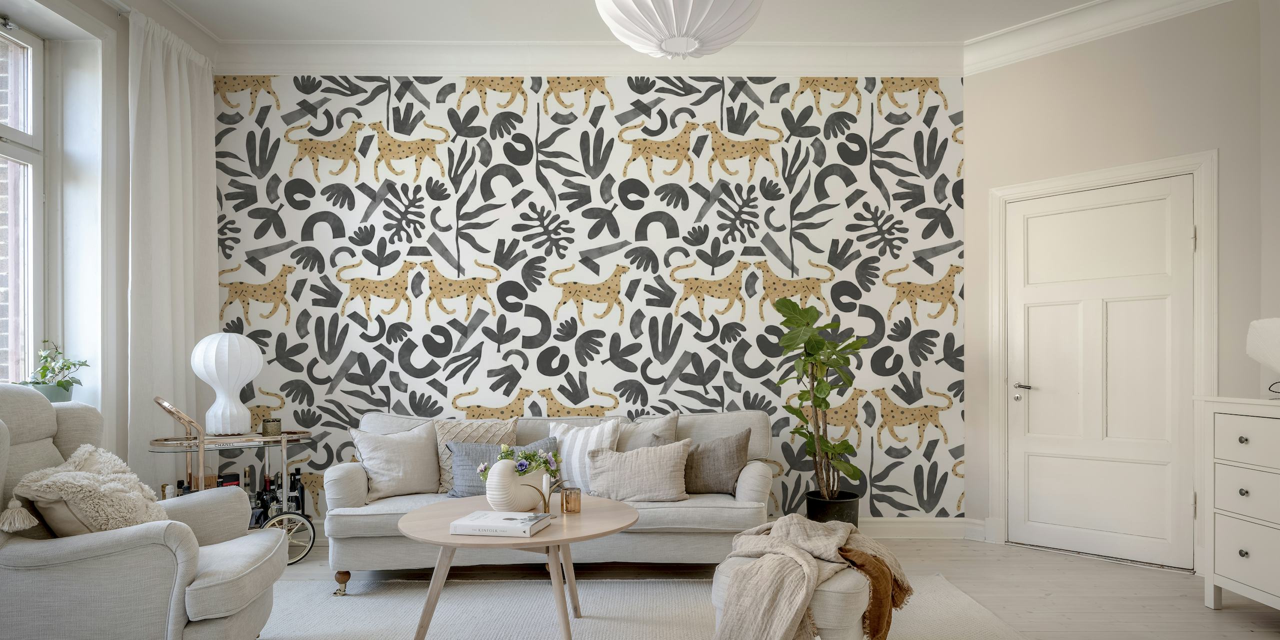 Leopardos estilizados entre elementos botánicos abstractos en un diseño de mural moderno