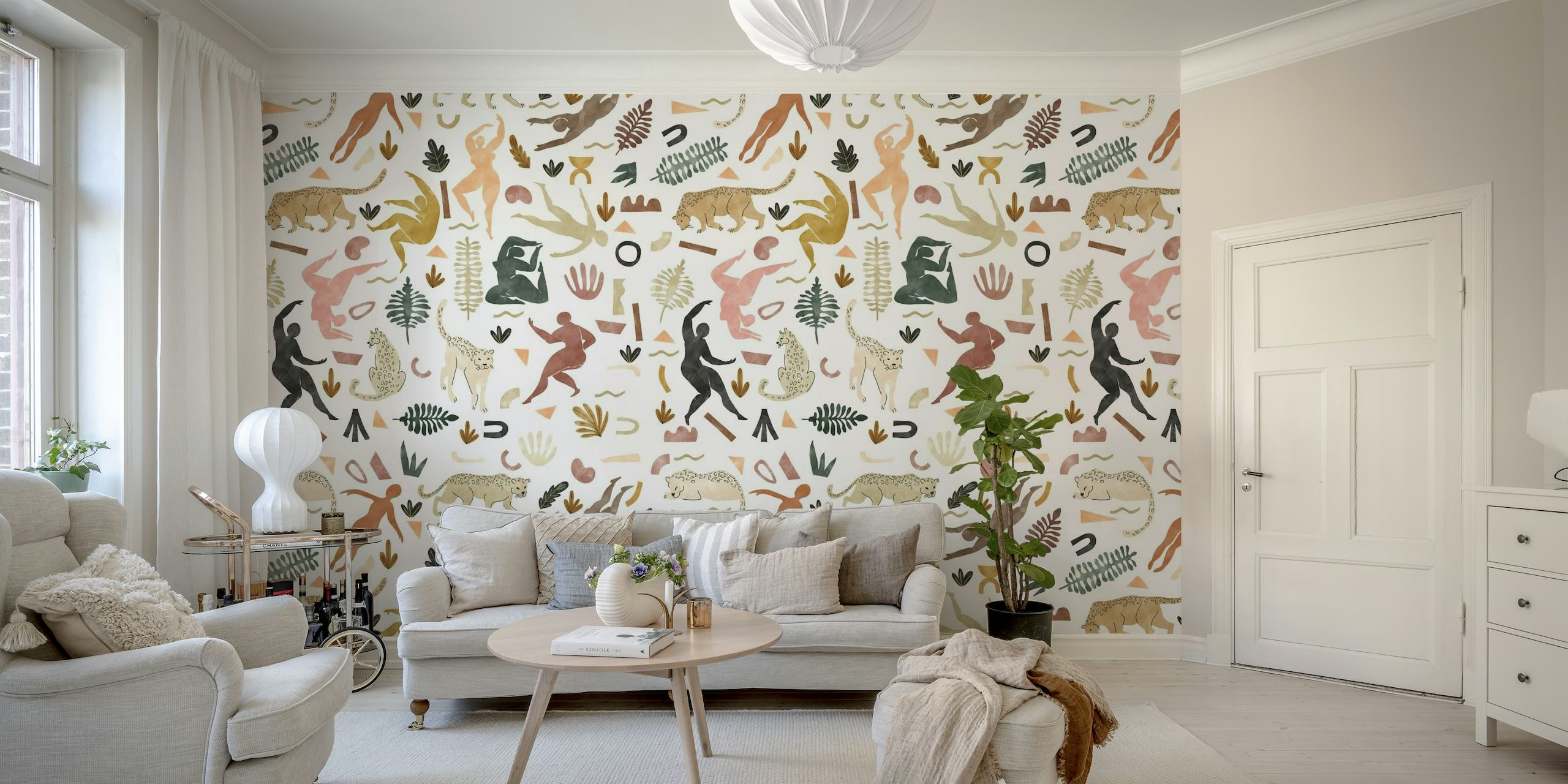 Abstract desert-themed wall mural with geometric shapes and earthy tones