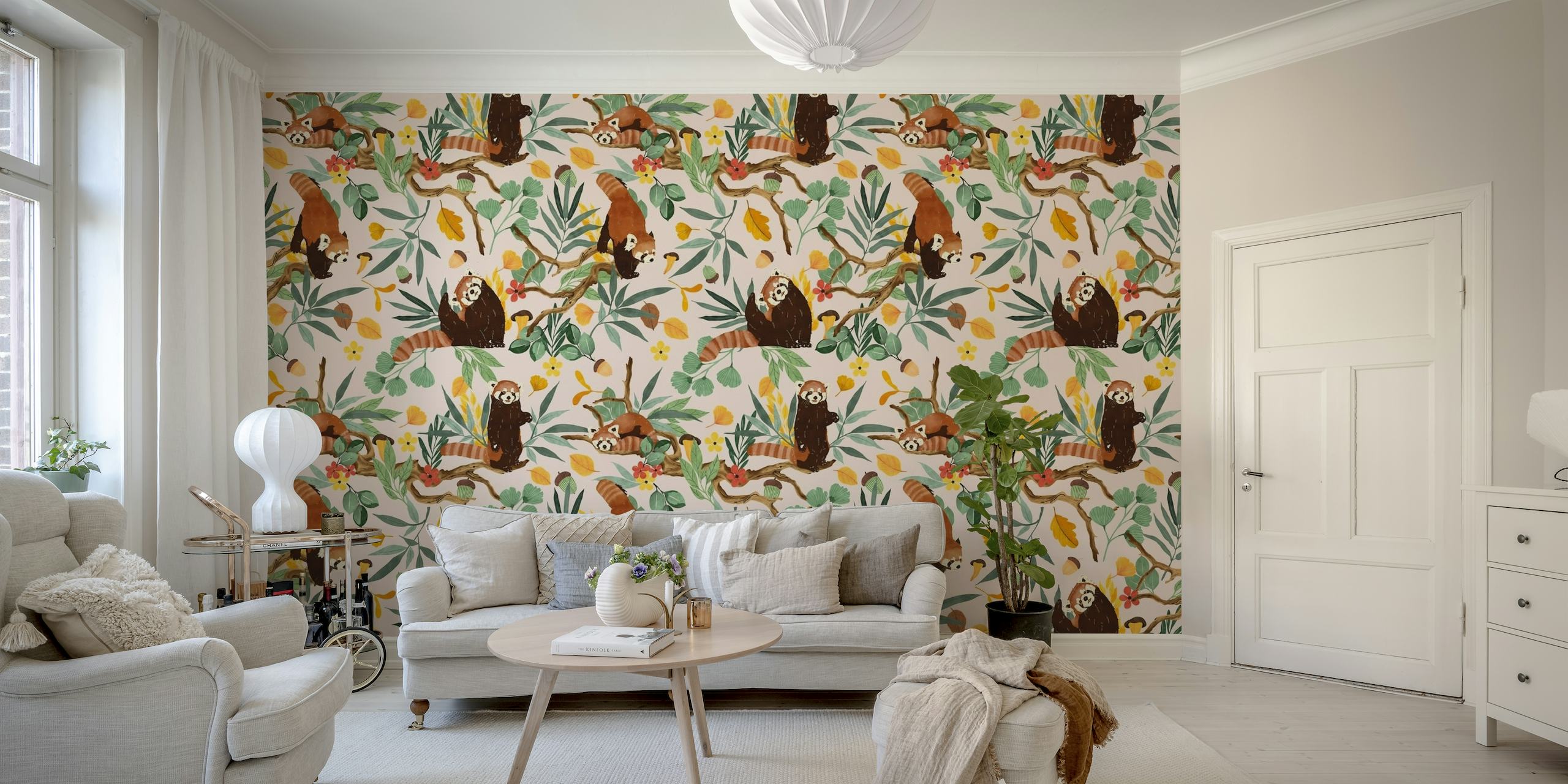 Wall mural of red pandas among tropical plants and flowers, offering a peaceful natural scene