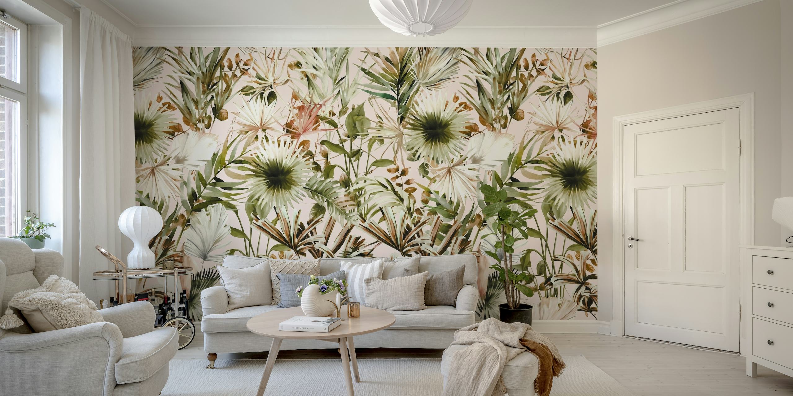 Tropical sunset wall mural with green foliage and pink hues