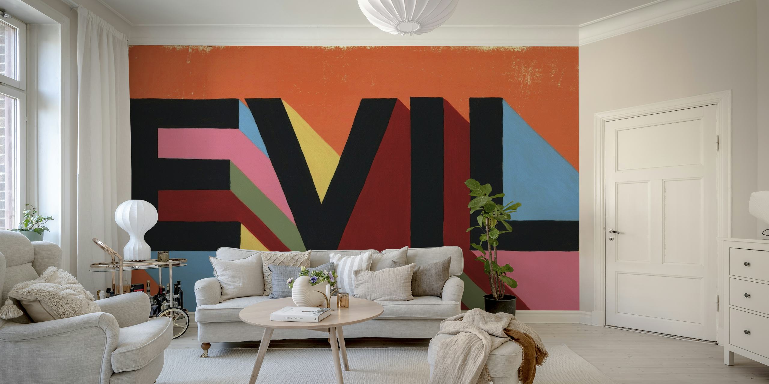 Abstraktes „Evil“-Wandbild mit lebendigen Farben und geometrischen Formen