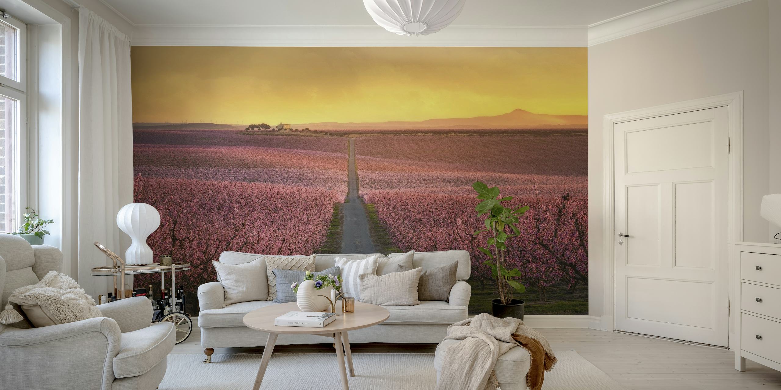 Blooming pink flowers field with sunset wall mural