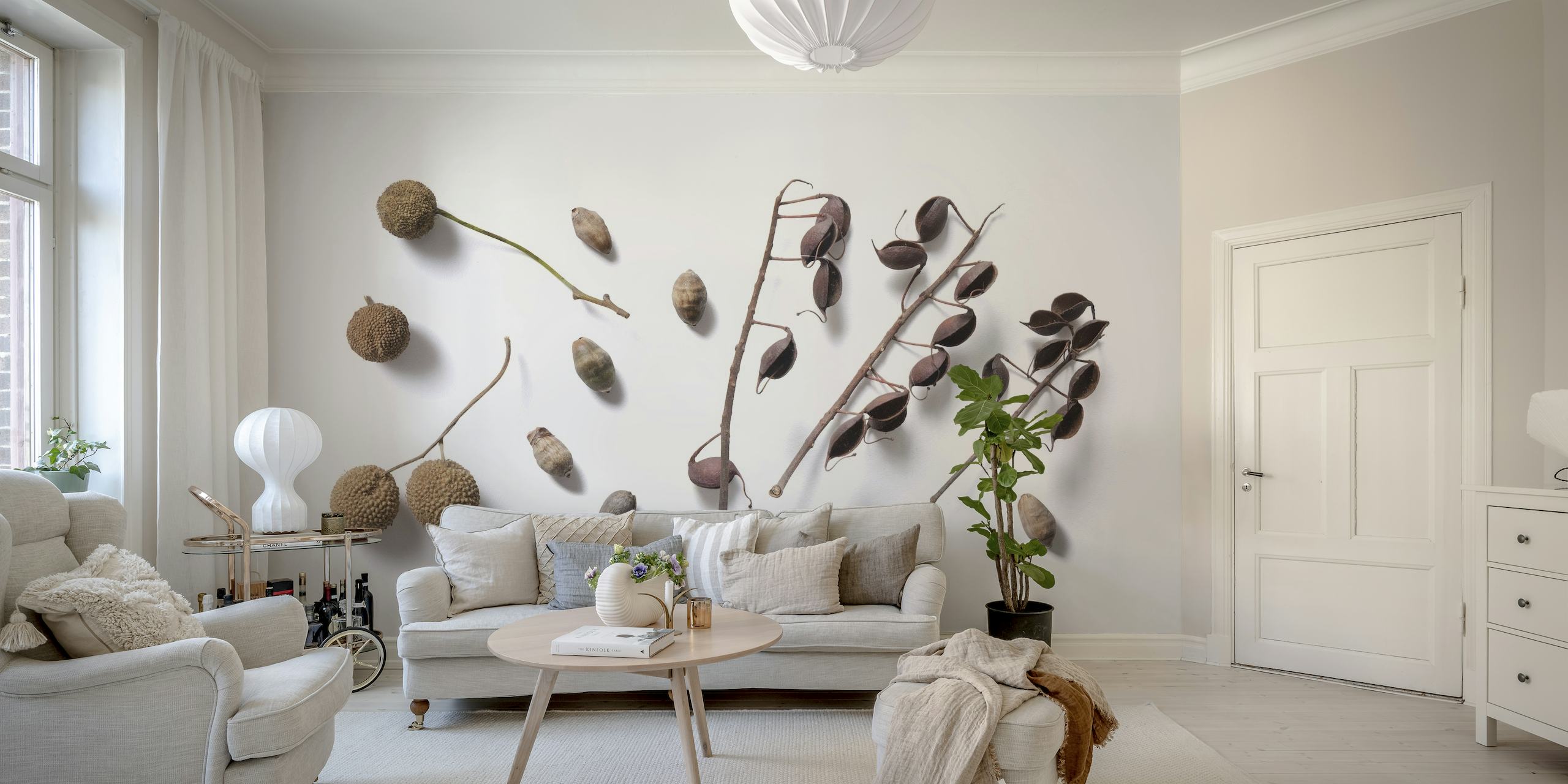 Neutral Zen wall mural featuring earthy tones and delicate botanical elements on a light background