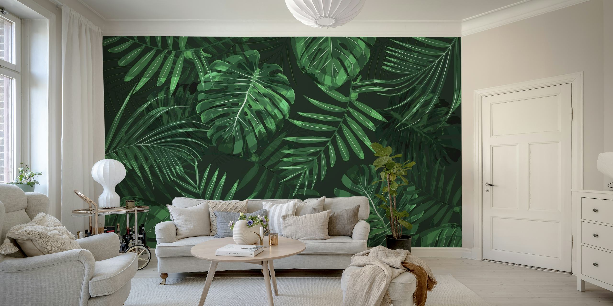 Green Monstera and palm leaves wall mural on a dark background.