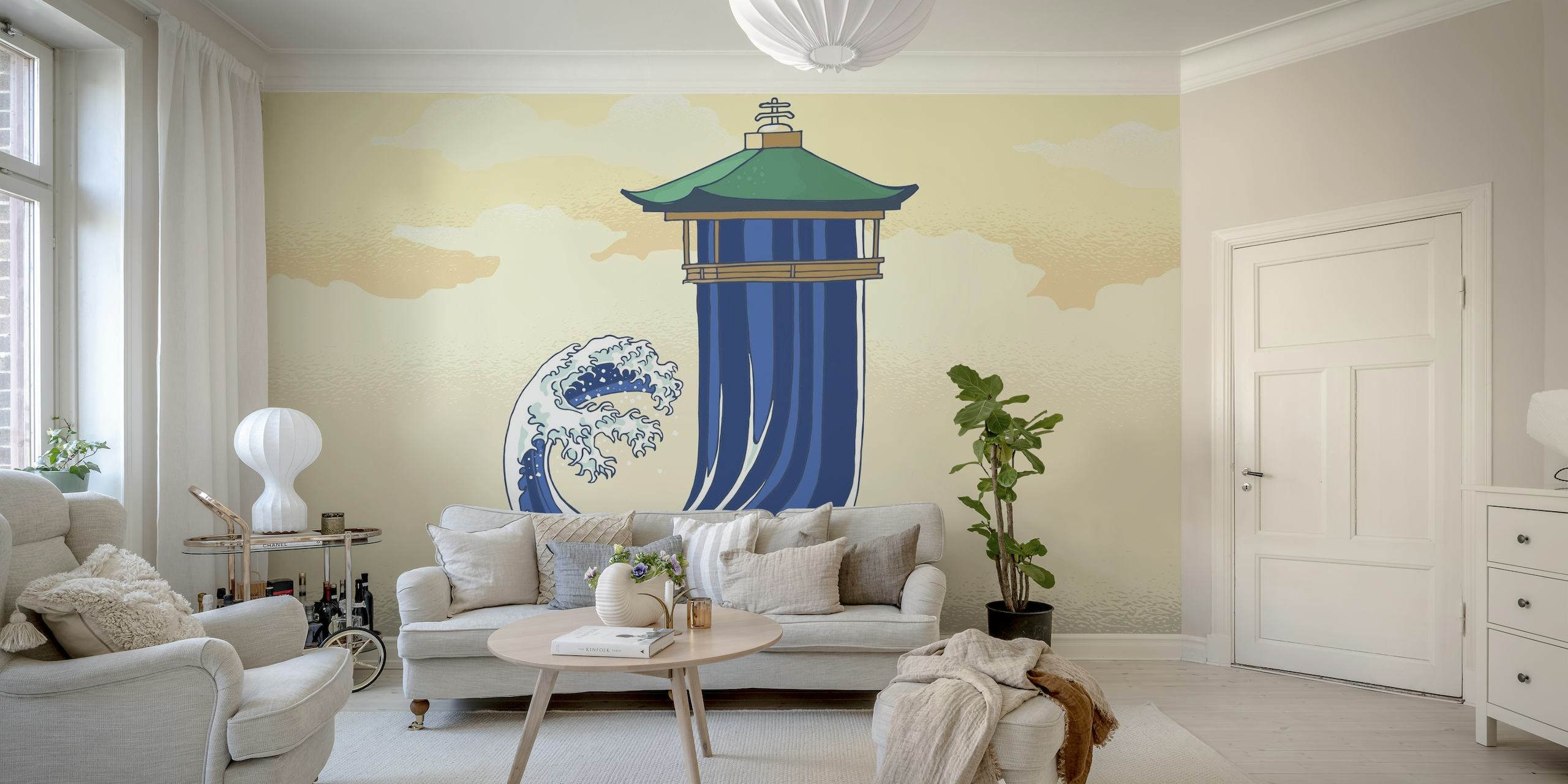 Stylized Japanese pagoda and ocean wave mural in pastel colors