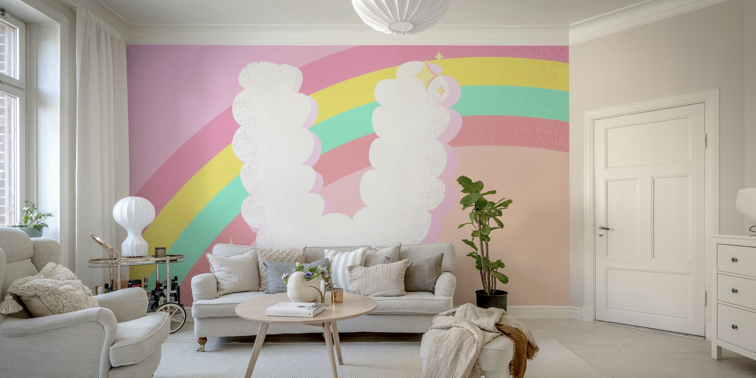 Whimsical unicorn and rainbow wall mural on a pastel background