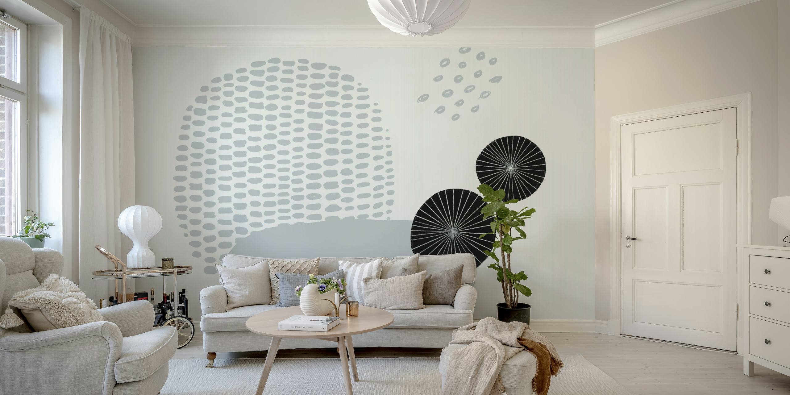 Mural de parede abstrato em tons de cinza com formas esféricas e padrões de pontos
