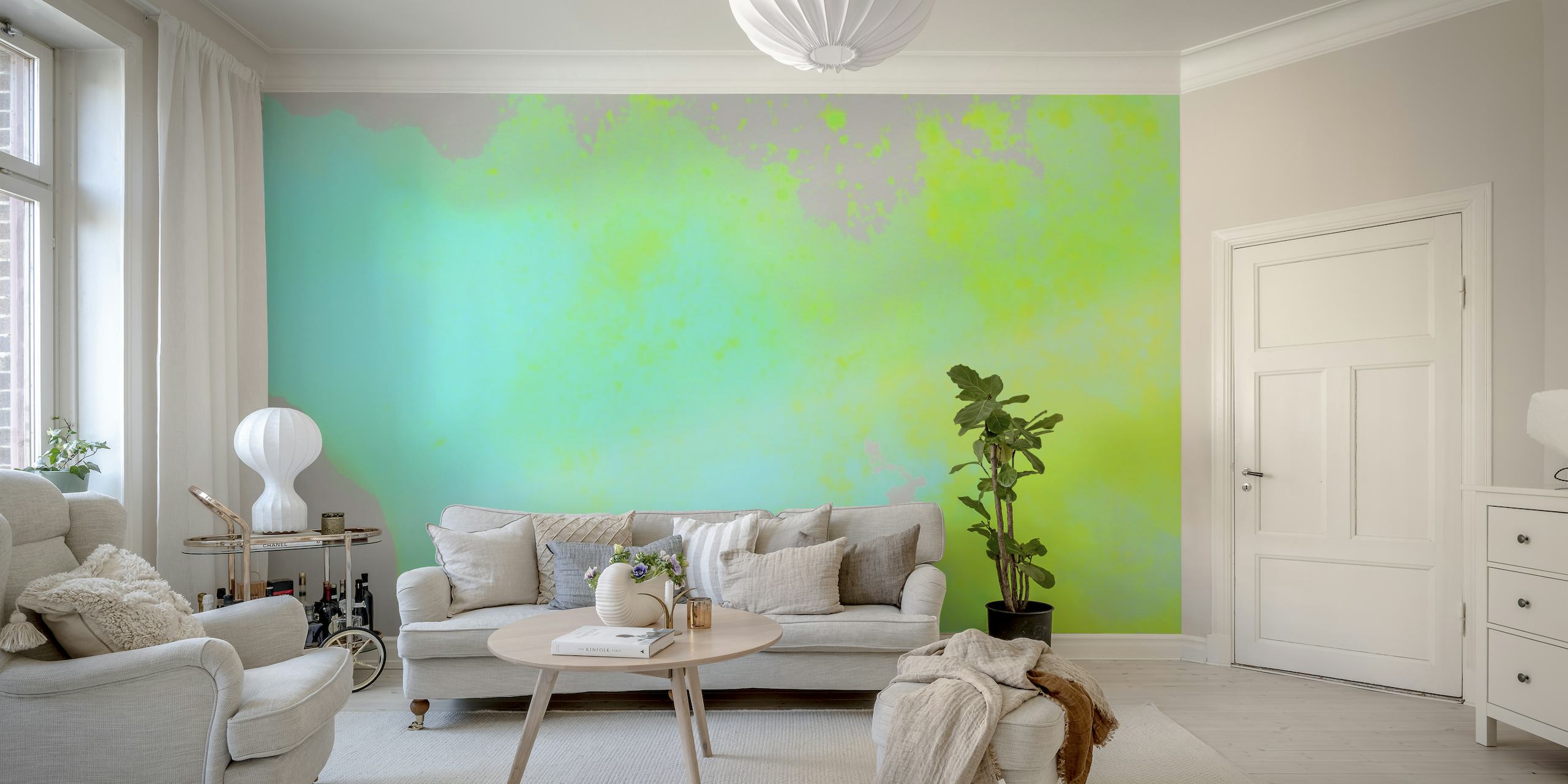Abstract neon paint splash art wall mural with bright and vibrant colors.