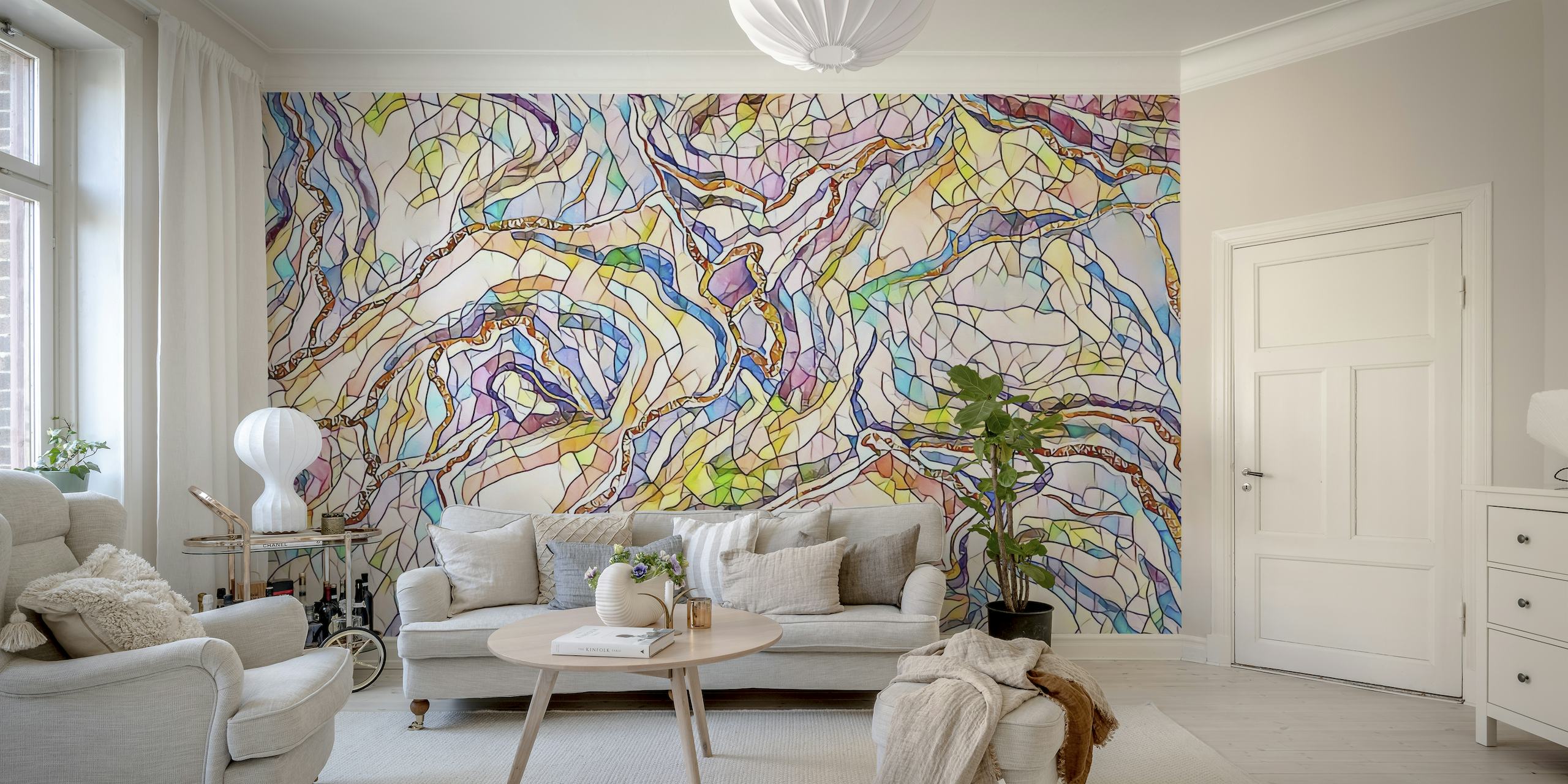Mural de pared de mosaico abstracto en tonos pastel con una mezcla de colores suaves que crean un diseño sereno.