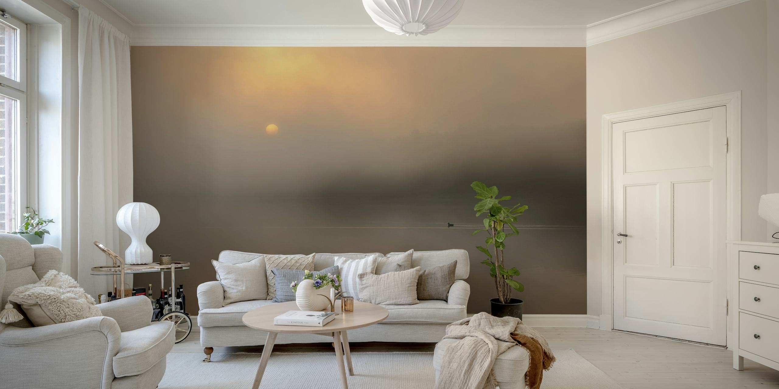 Wall mural featuring a scenic sunrise over water with a solitary figure running in the distance