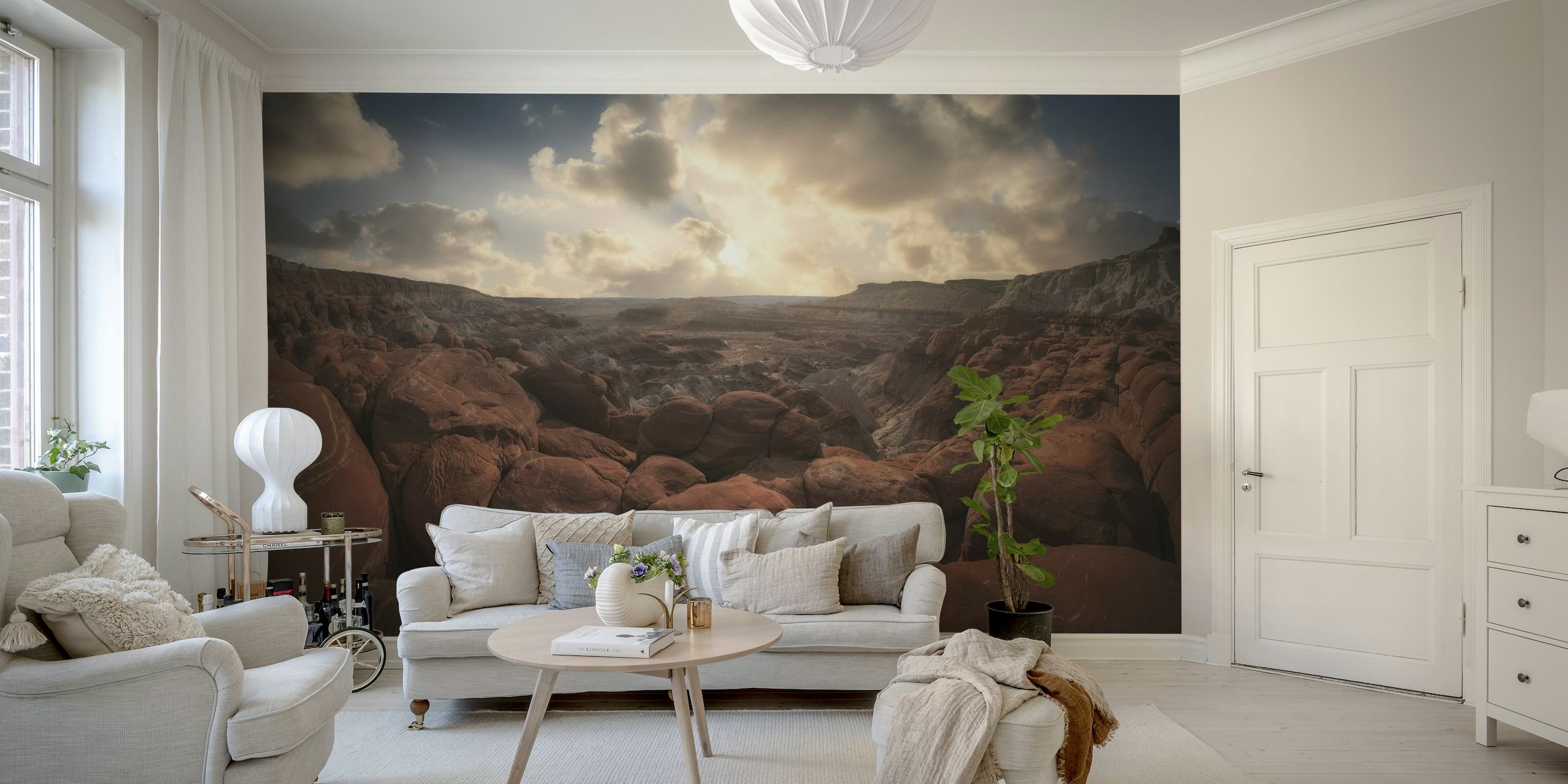 Paria Rimrocks ørkenlandskabsvægmaleri med varme jordfarver og vidtstrakt himmel