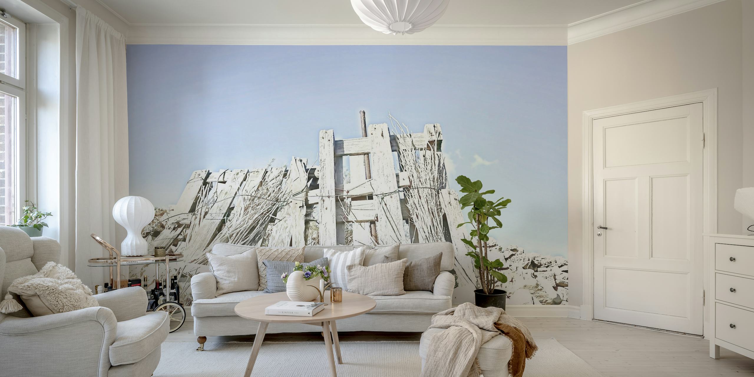Tranquil pastel countryside wall mural with soft colors and peaceful scenery