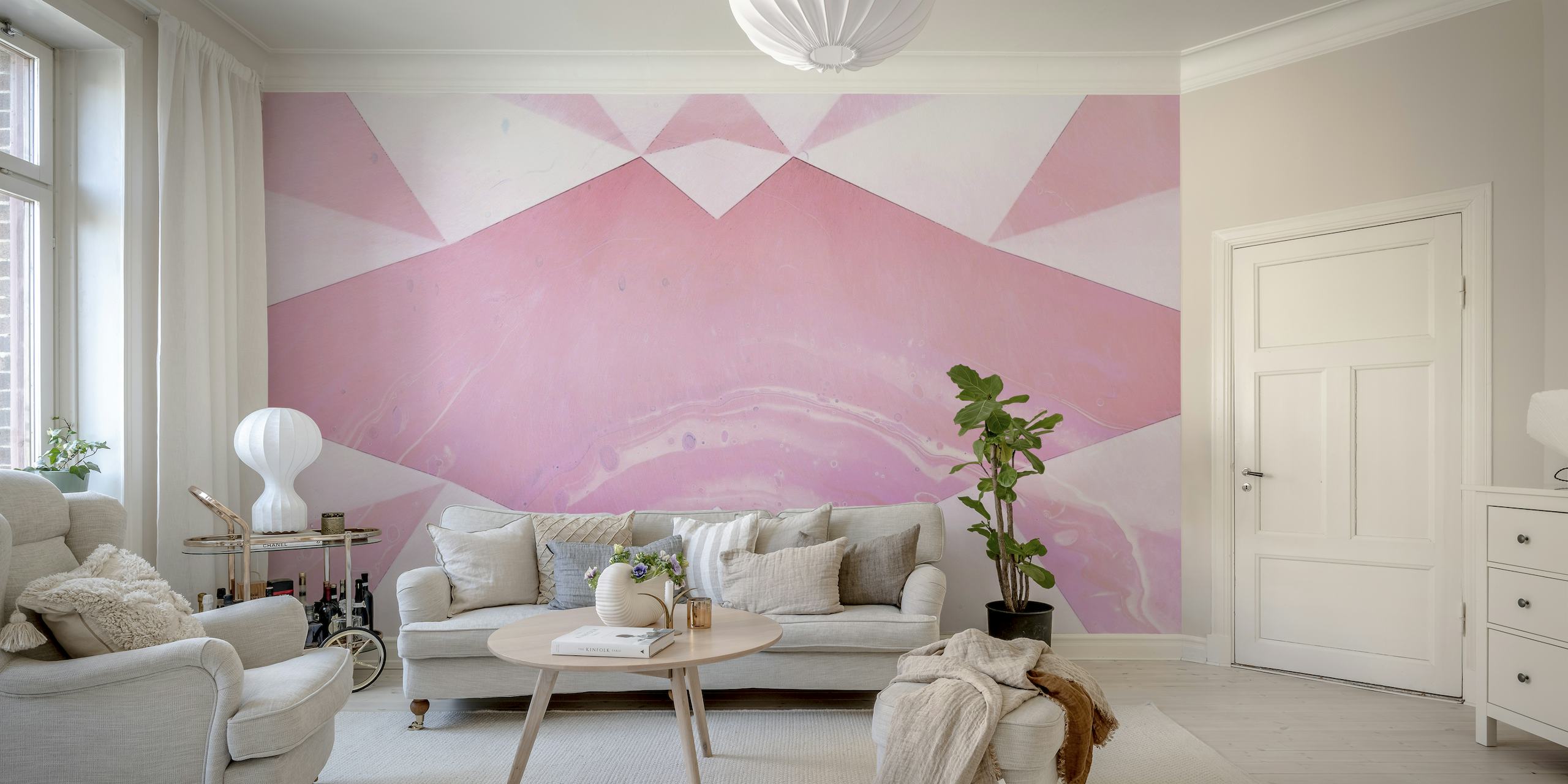 Abstract pink agate patterns with geometric overlay wall mural