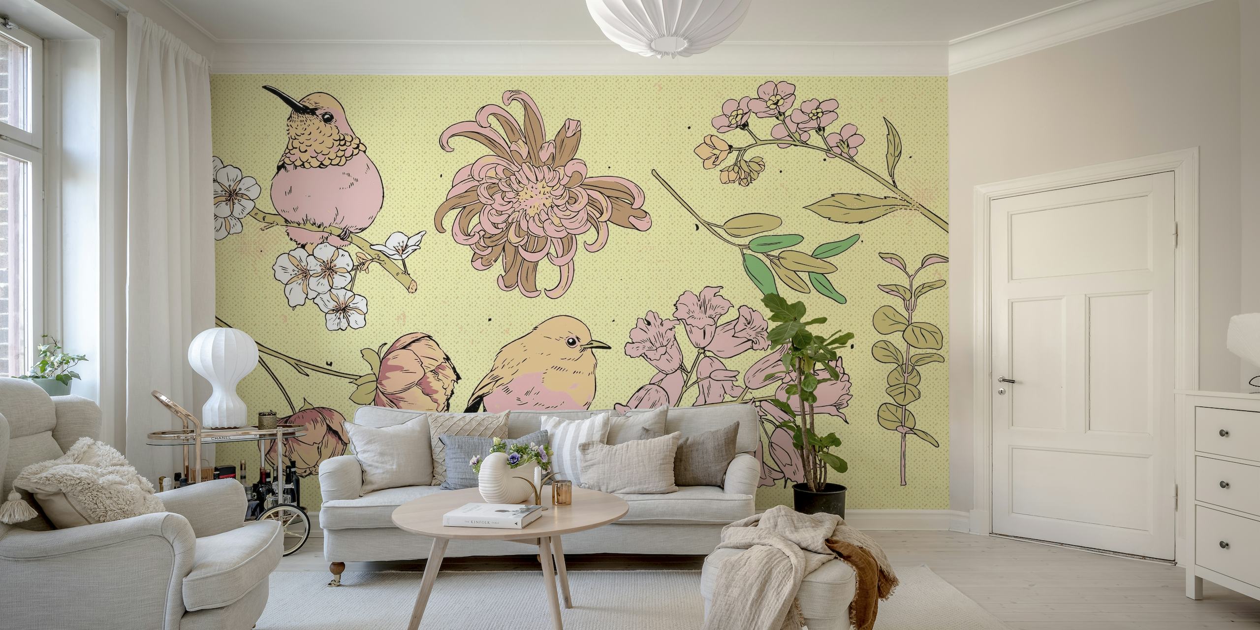 Pastel Asian Birds Floral wallpaper
