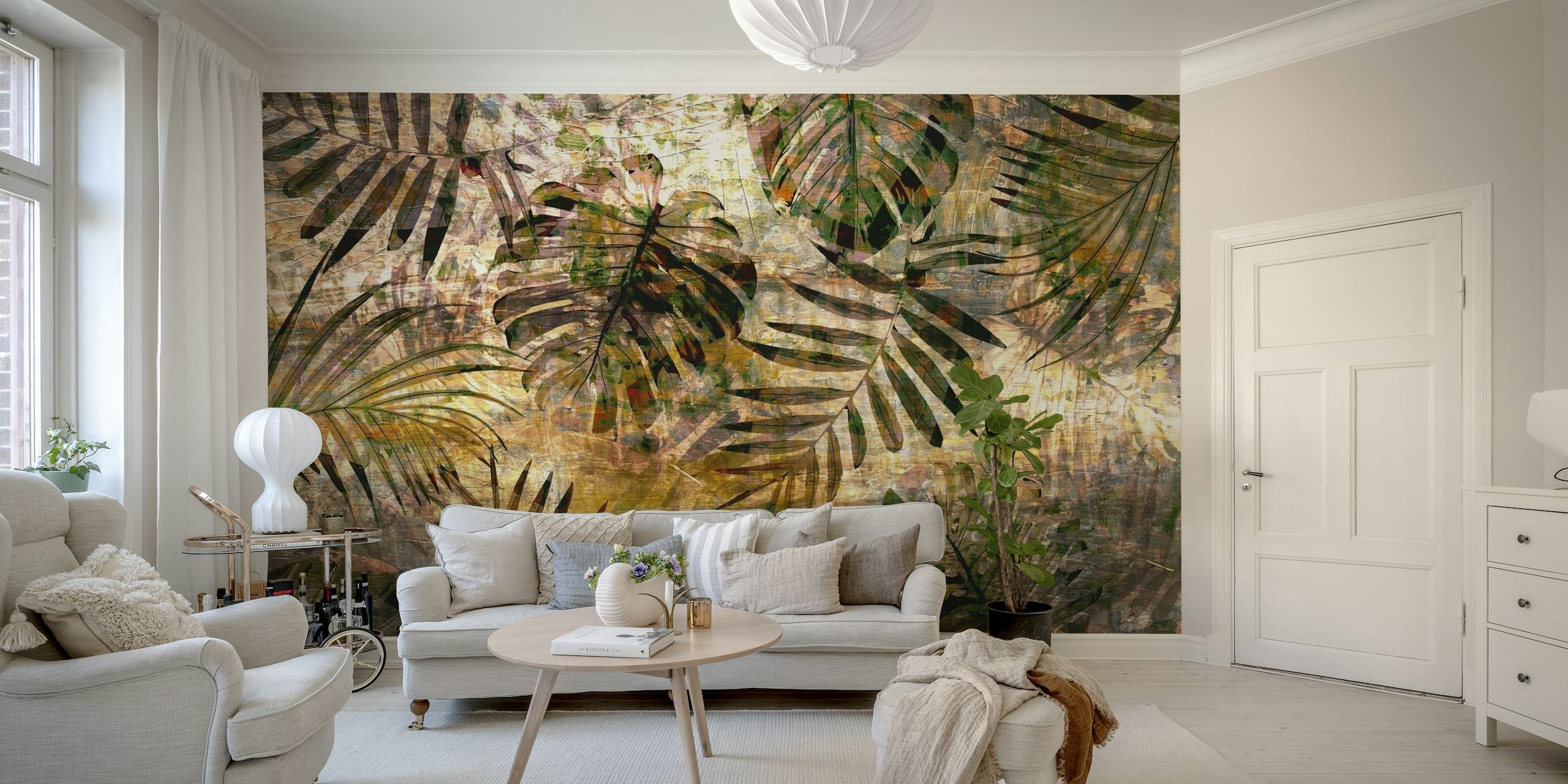 Mystic Jungle wall mural in earthy tones with dense foliage