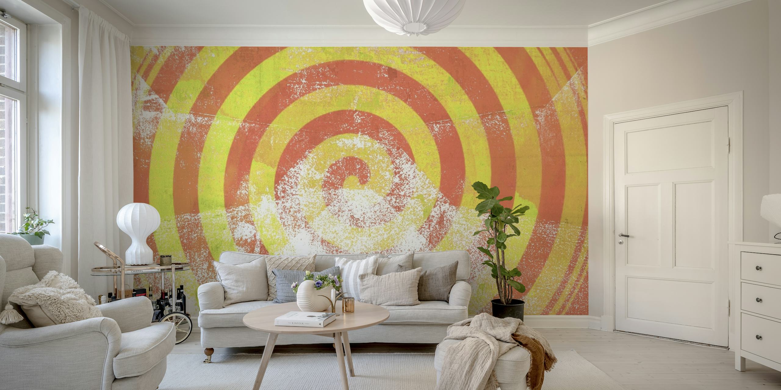 Mural de pared estilo grunge vintage con círculos concéntricos y superposición texturizada