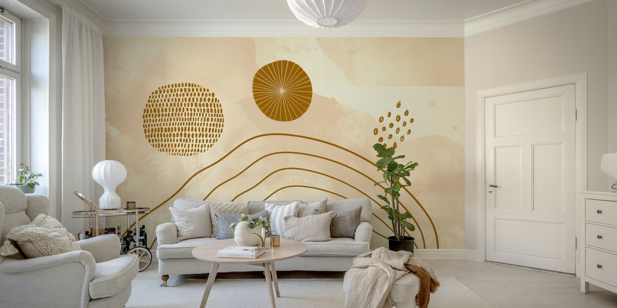 Mid-century modern style abstract wall mural with autumnal color scheme and geometric shapes.
