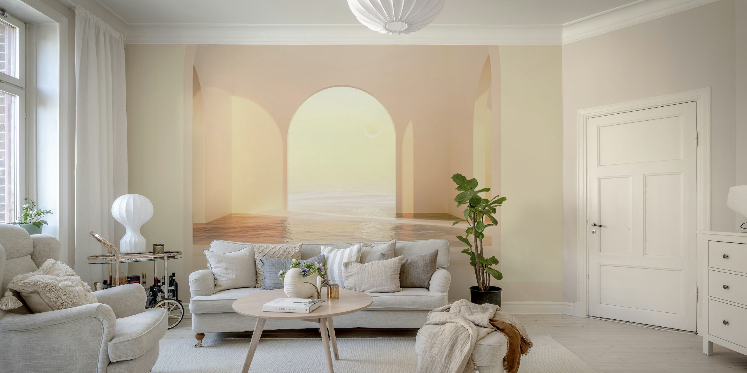 Elegante mural de pared en forma de arco con iluminación suave y cálidos tonos veraniegos.