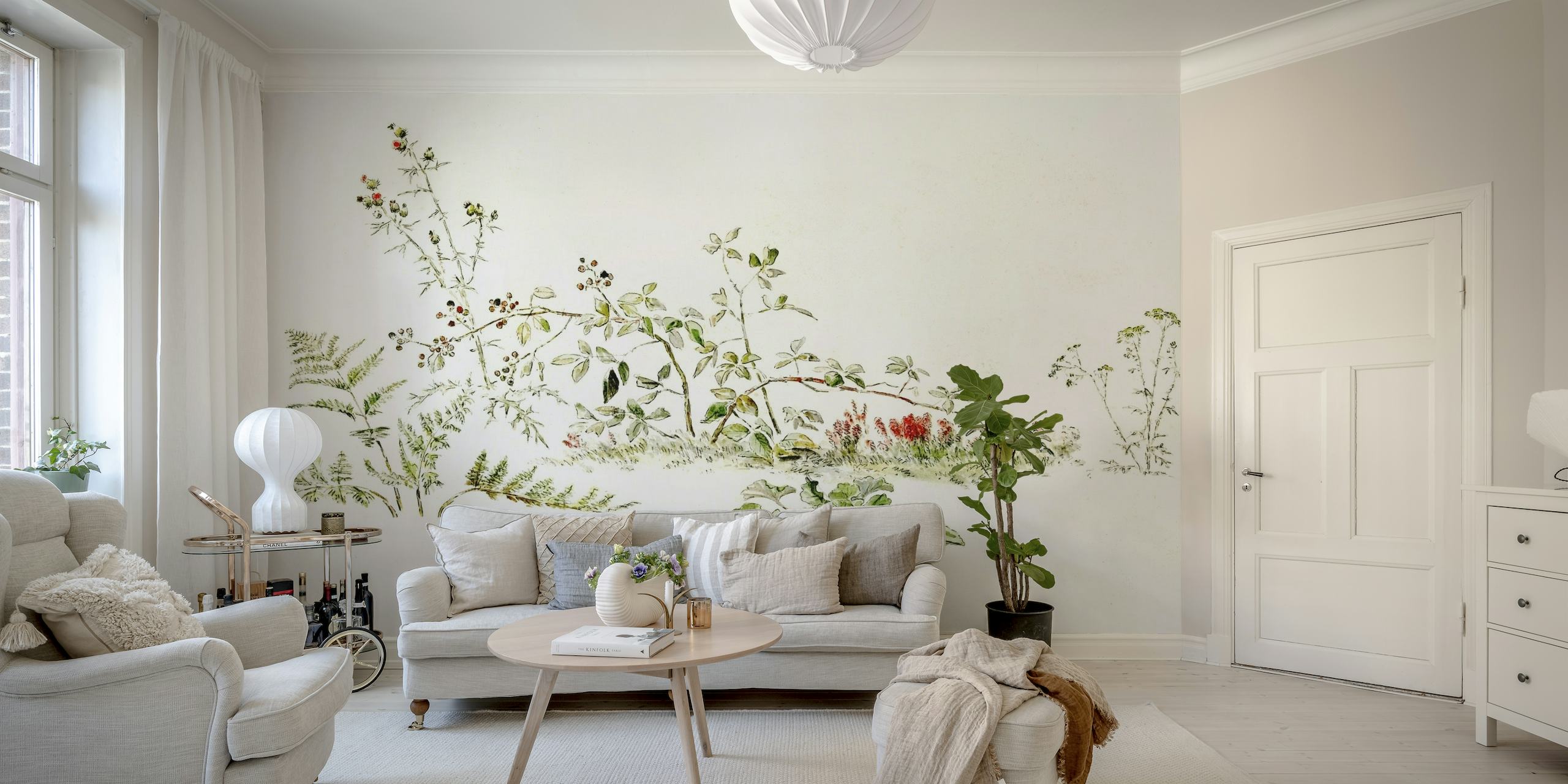 Hand-drawn botanical illustrations wall mural with soft green and subtle red accents on a clean background.