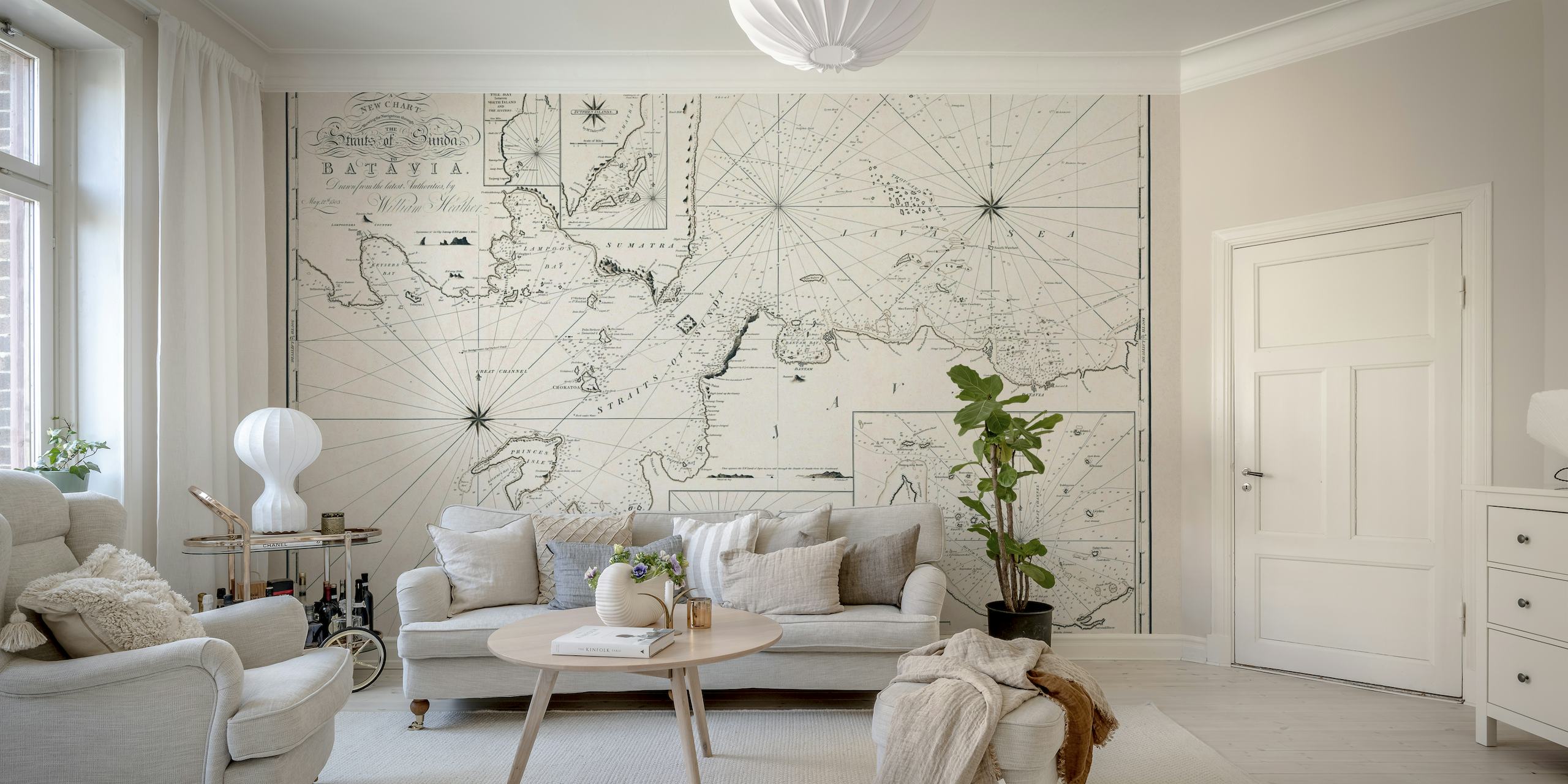 Vintage-style map wall mural of Indonesia with sepia tones and historical cartography details.