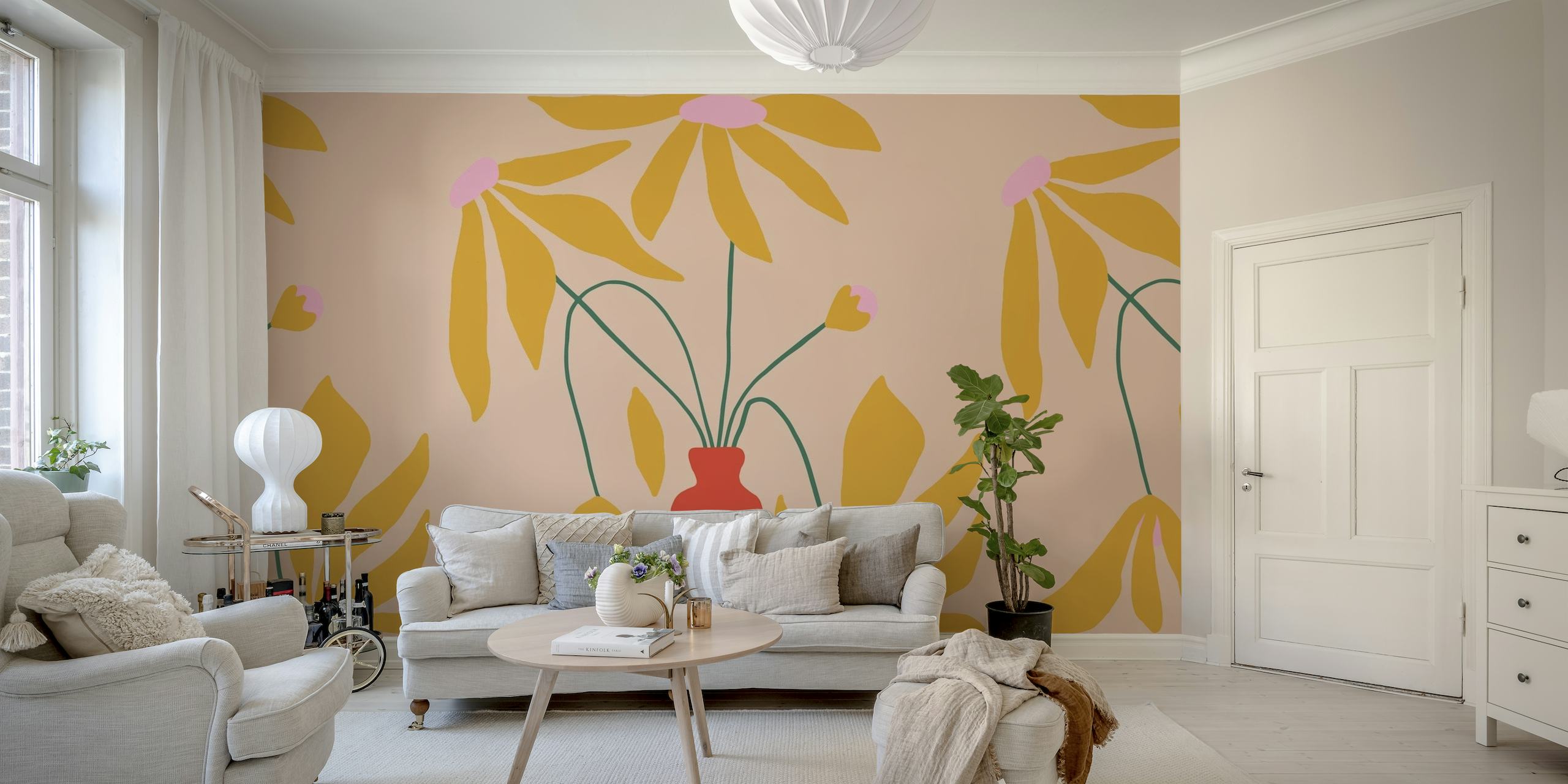 Warm Mid Century Floral wall mural with mustard and terracotta florals on a blush background