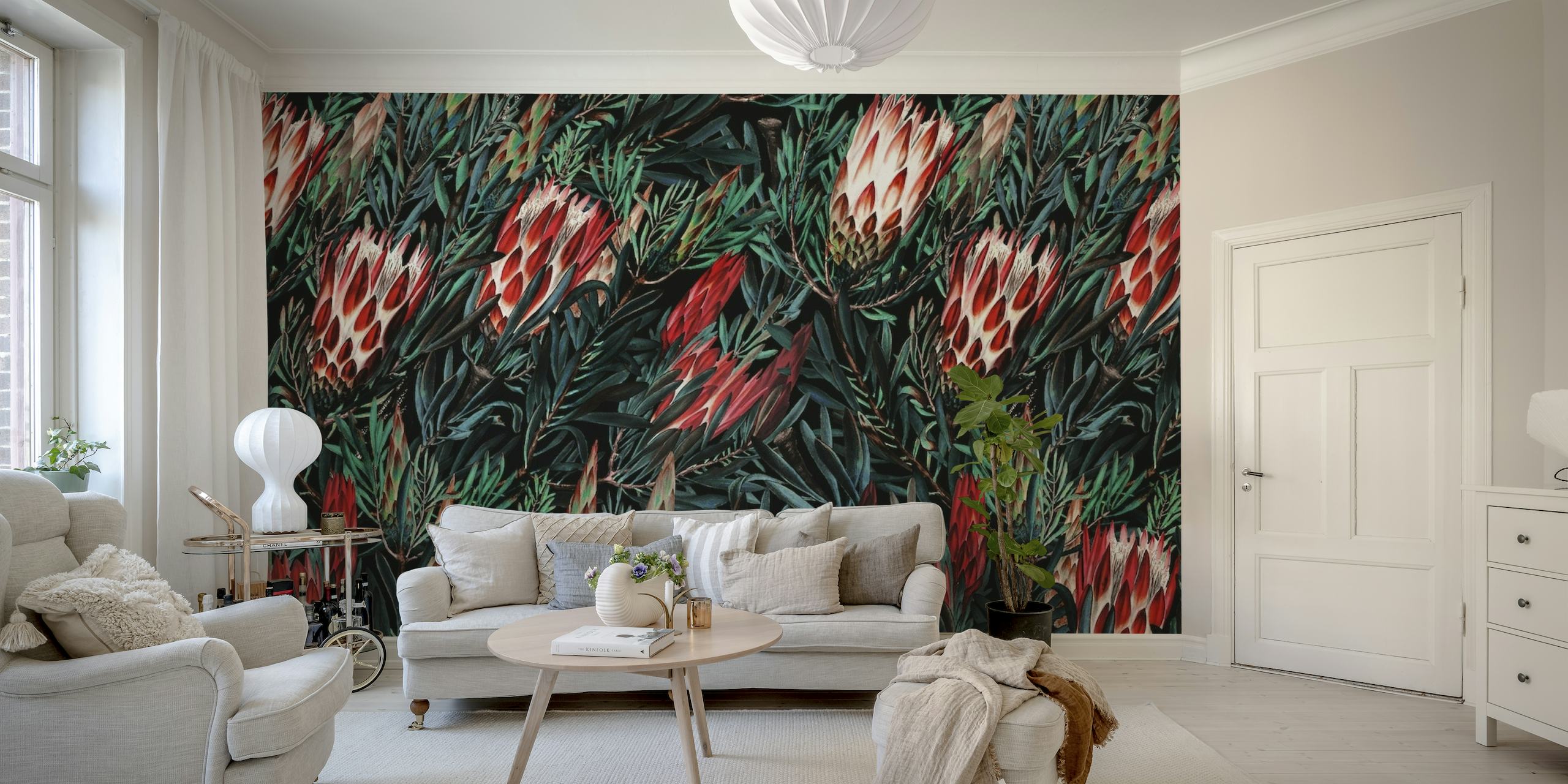 Protea Floral Night Pattern wallpaper