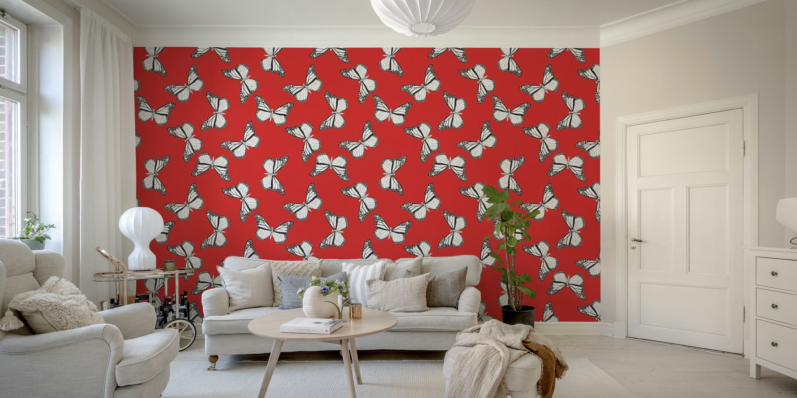 Red wall mural featuring a repetitive pattern of Monarch butterflies in orange and white
