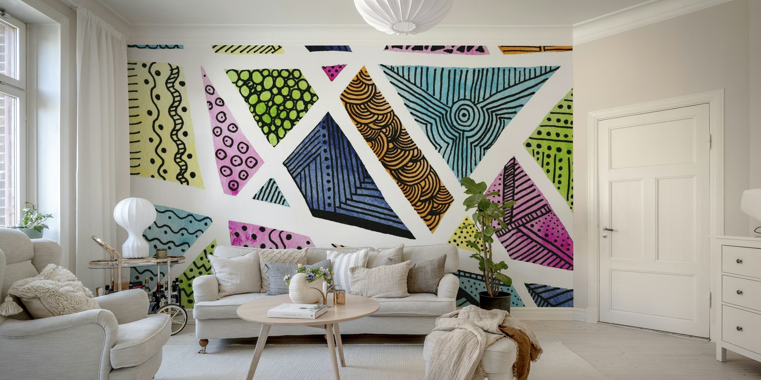Colorful watercolor doodle zentangle patterns on a wall mural