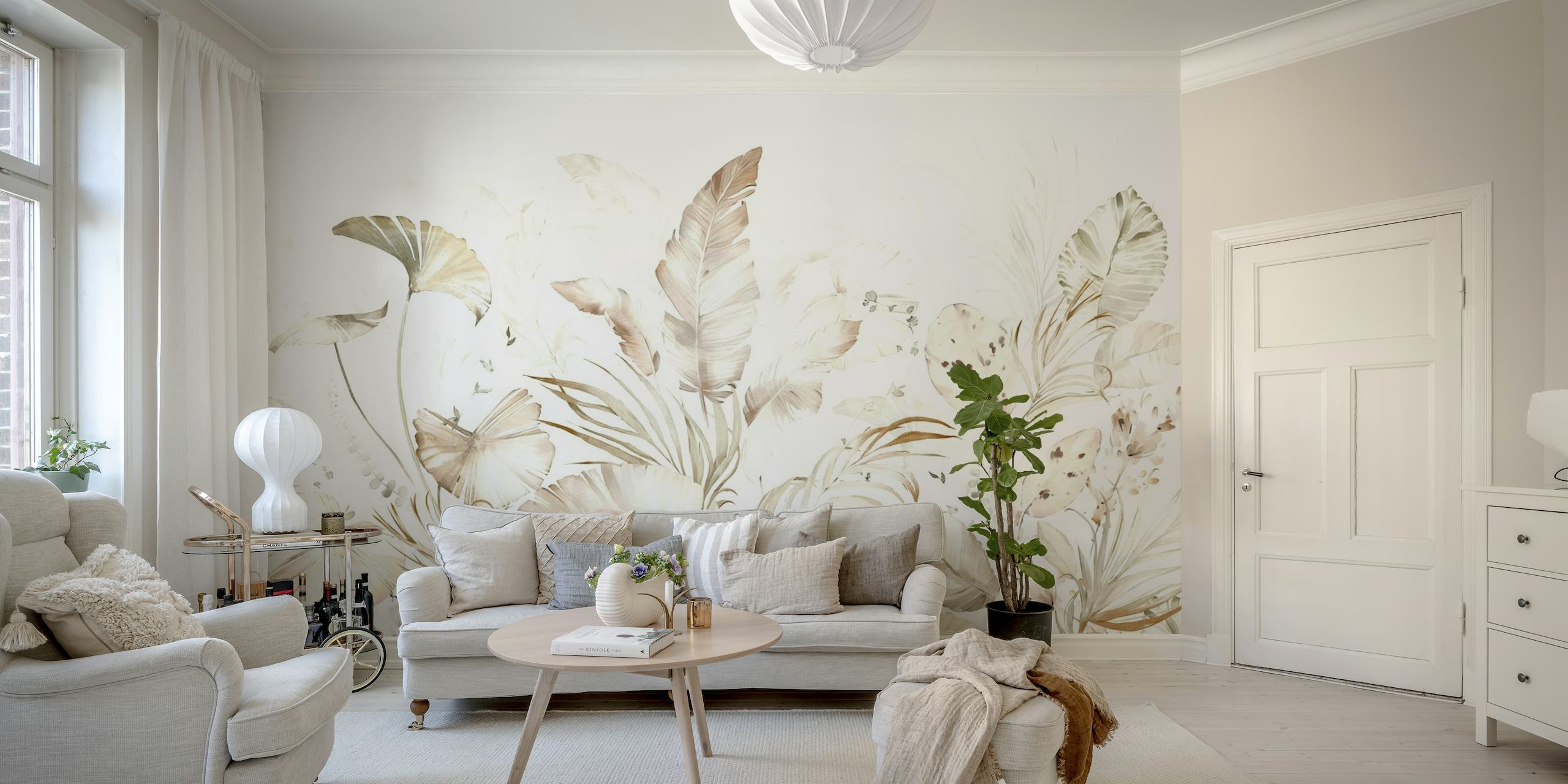 Tropical plants beige wallpaper