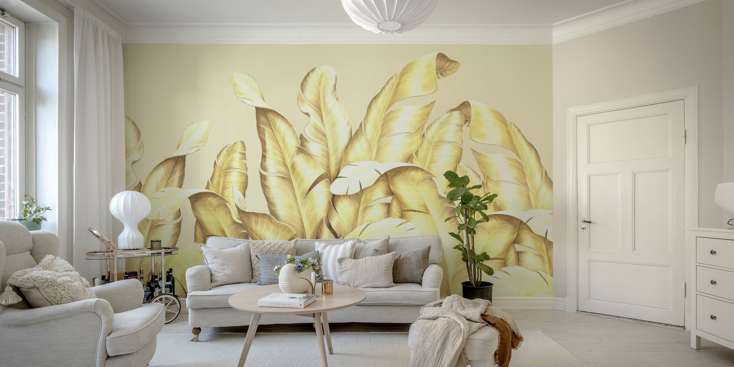 Elegante Fototapete mit goldenen Blättern auf neutralem Hintergrund