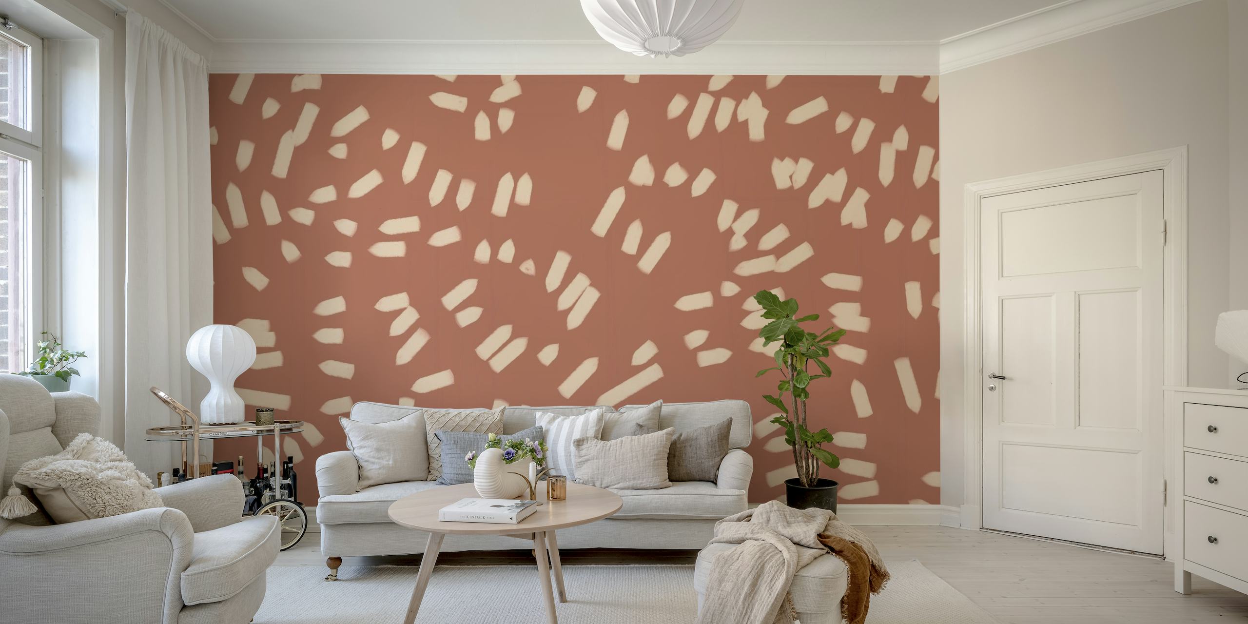 Terracotta wall mural with abstract minimalistic pattern