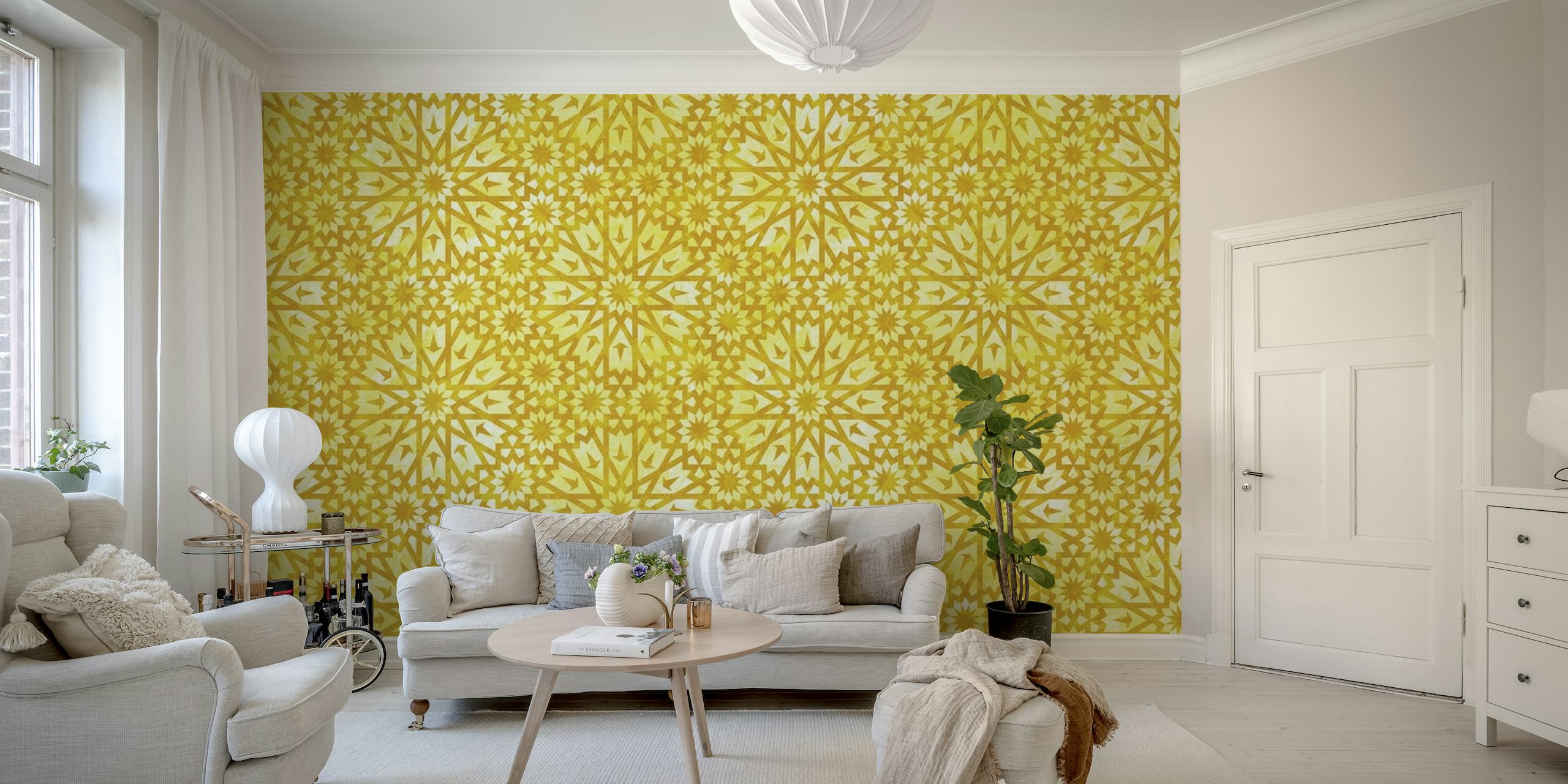 Fotomural vinílico de parede com padrão de azulejo marroquino amarelo da Happywall