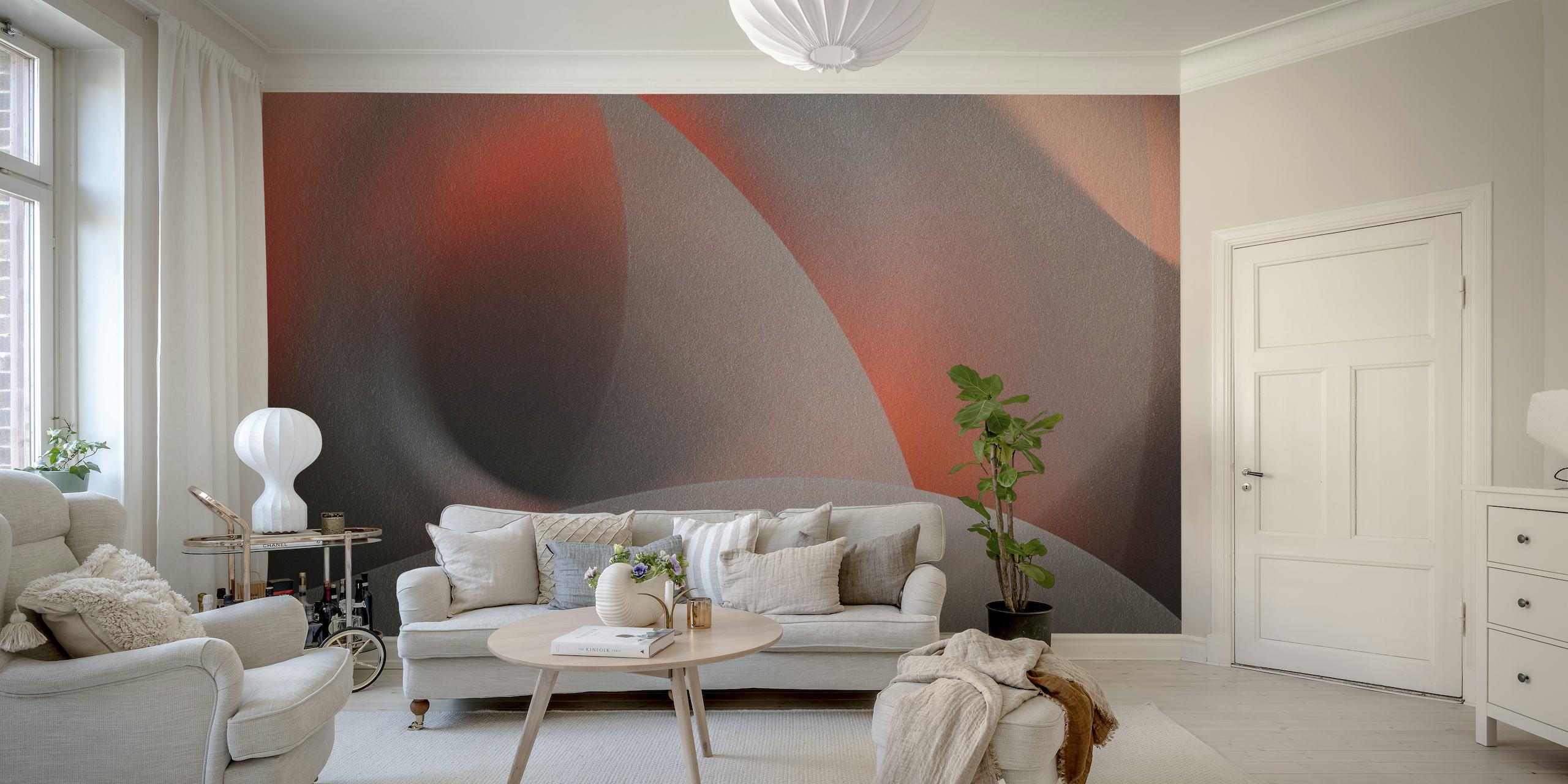 Abstract wall mural with swirling forms and red accents