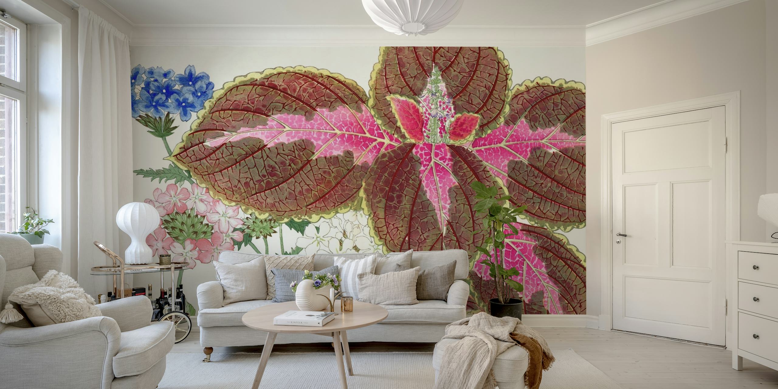 Teksturowana ilustracja przedstawiająca ogród inspirowany kuchnią azjatycką z pastelowymi kwiatami i liśćmi.