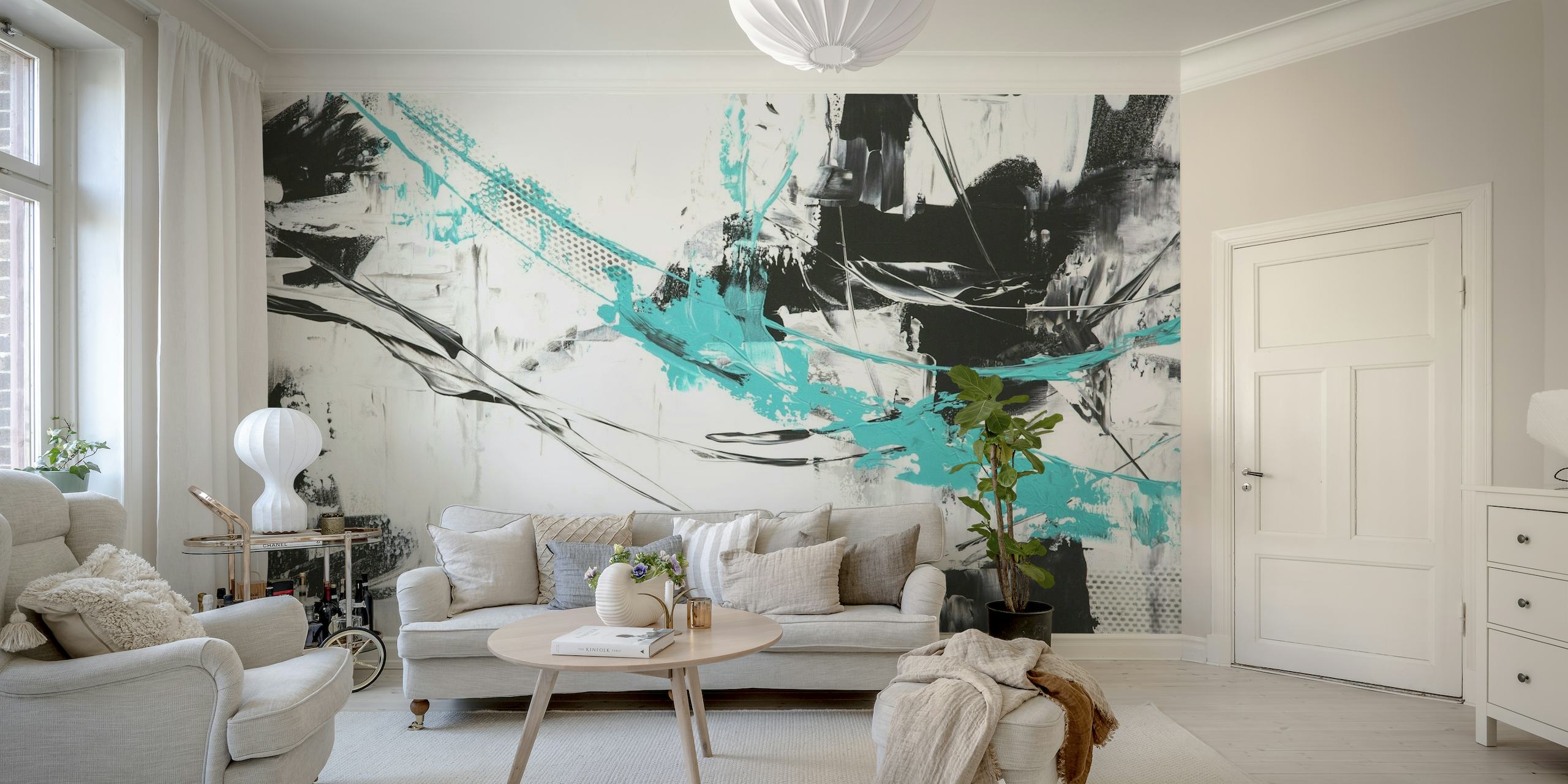 Painting Abstract Teal White behang