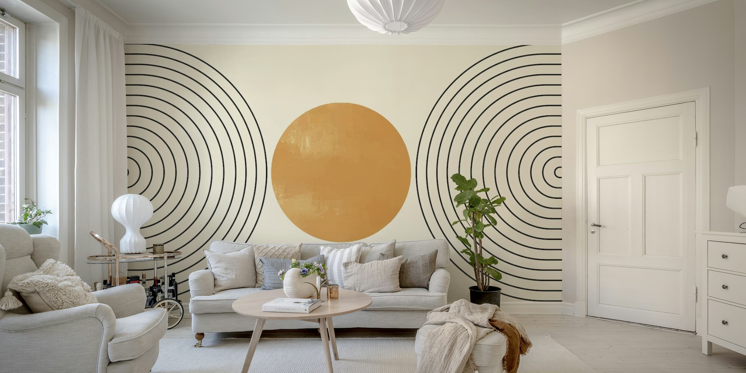 Mid Century III abstract wall mural with concentric circles and central orb in earth tones