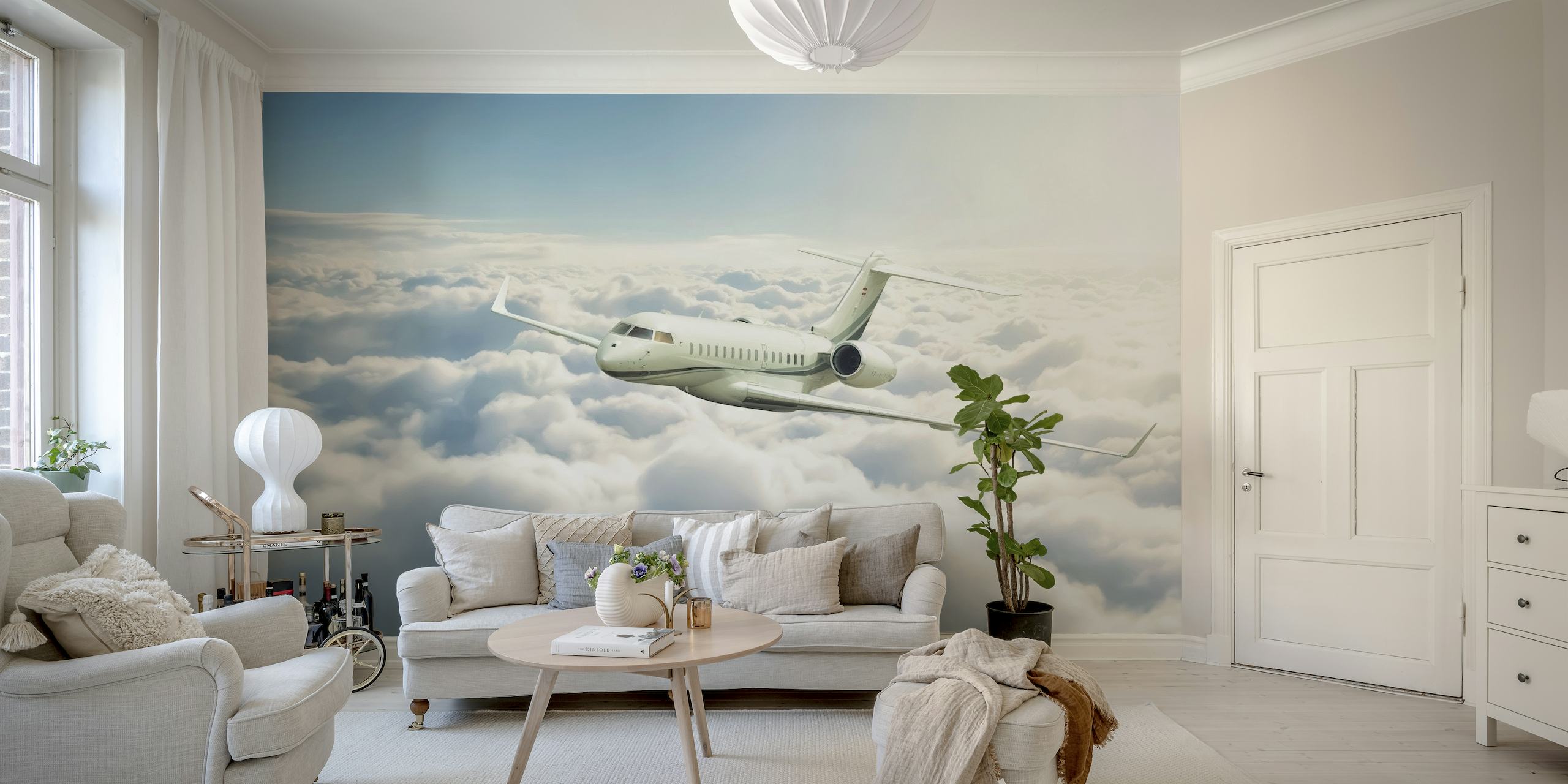 Privat jet flyver over skyerne vægmaleri
