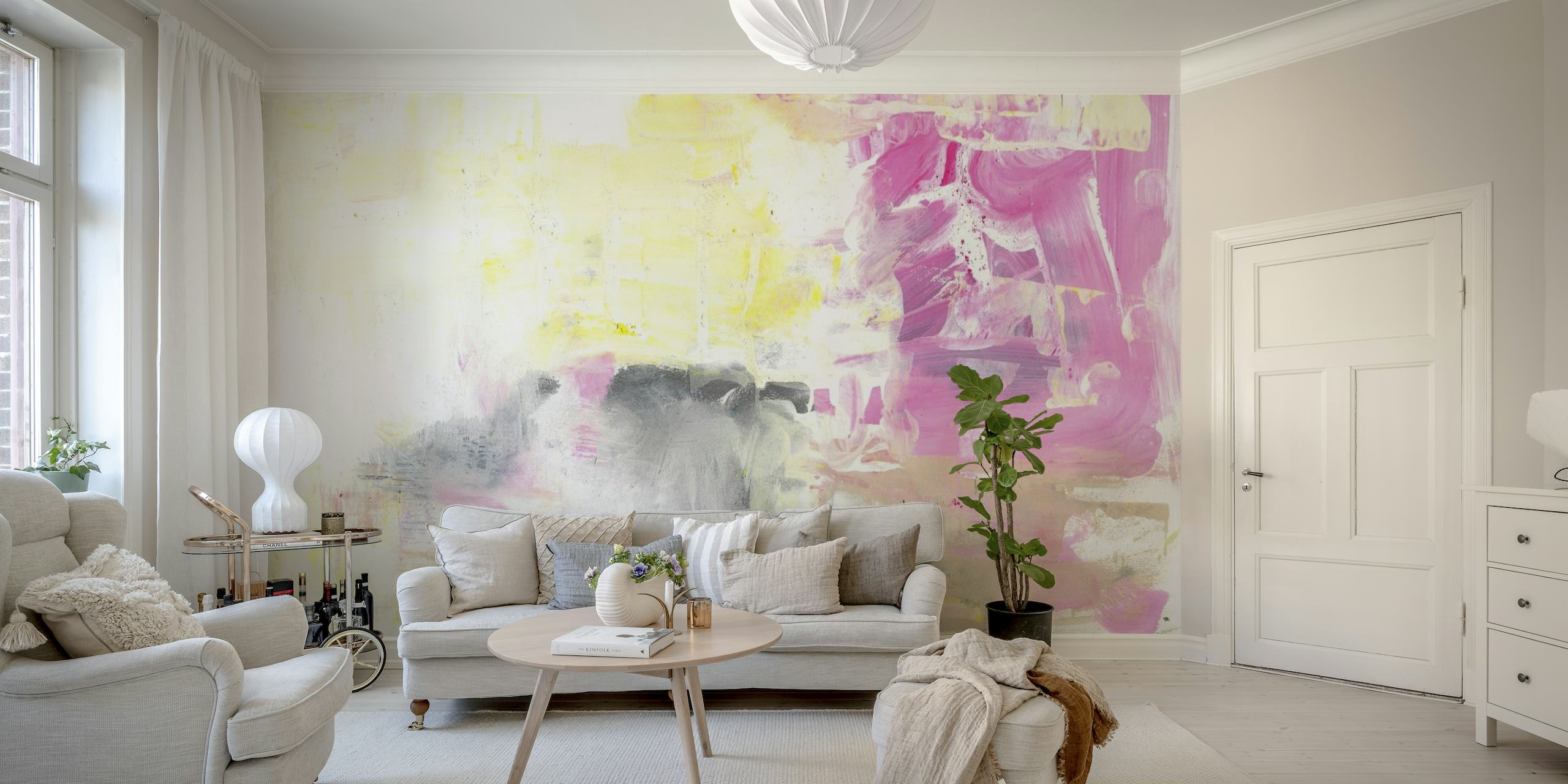 Abstrakt maleri nr. 17 veggmaleri med myke rosa, grå og hvite toner med uttrykksfulle pensel