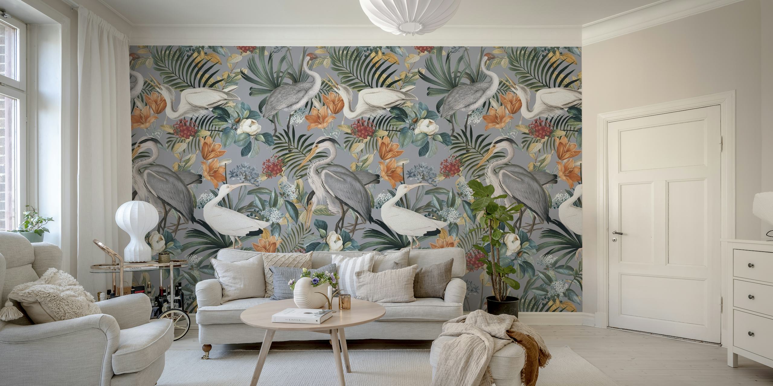 A tranquil garden scene wall mural with herons, lush greenery, and colorful flowers