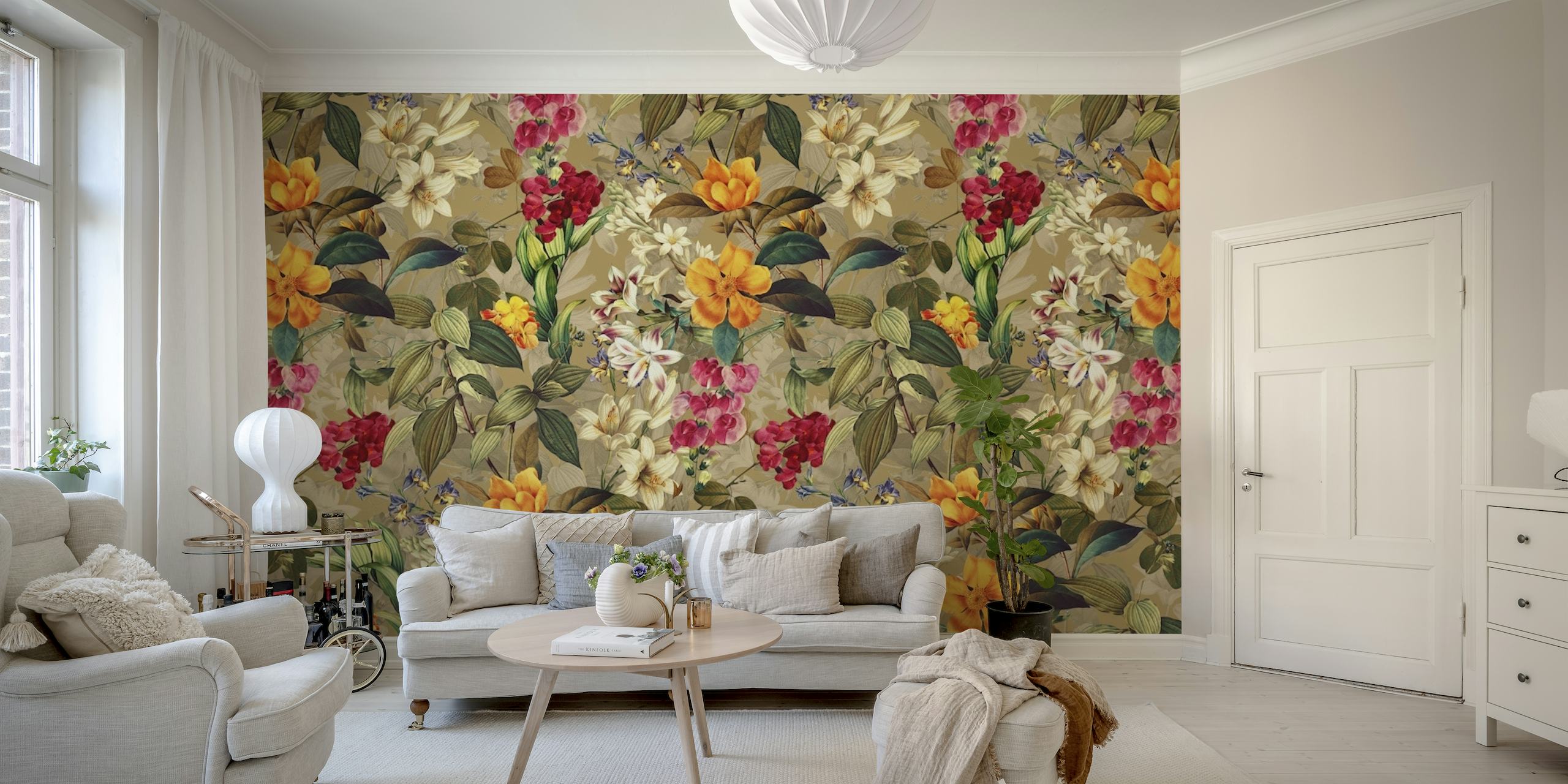 An array of summer flowers in full bloom featuring yellows, reds, and whites creating a lush wall mural