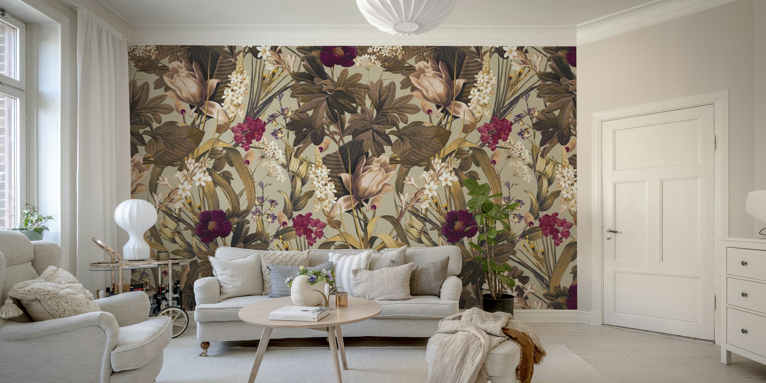 Garden of Eden IV wall mural with florals in burgundy, cream and brown
