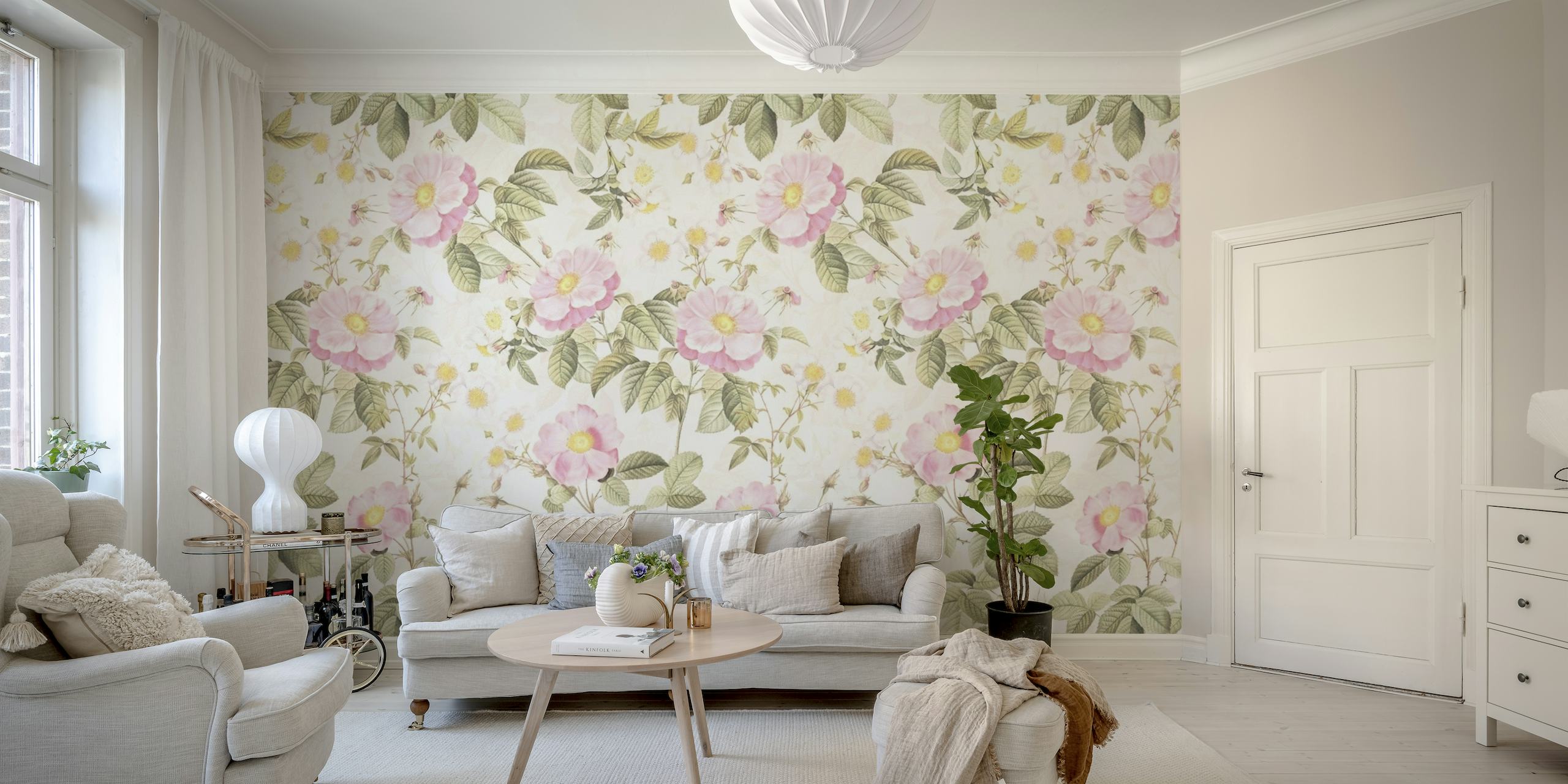 Redoute Roses Garden 2 wall mural with pastel pink roses and green leaves.
