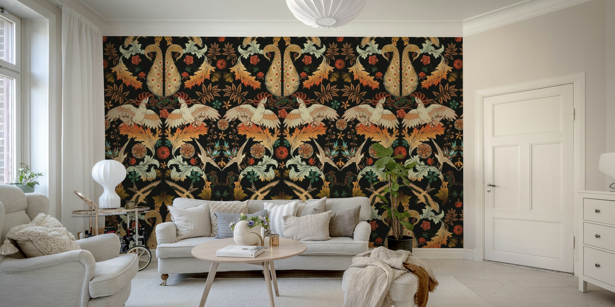 Victorian-style floral pattern wall mural in dark, rich colors.