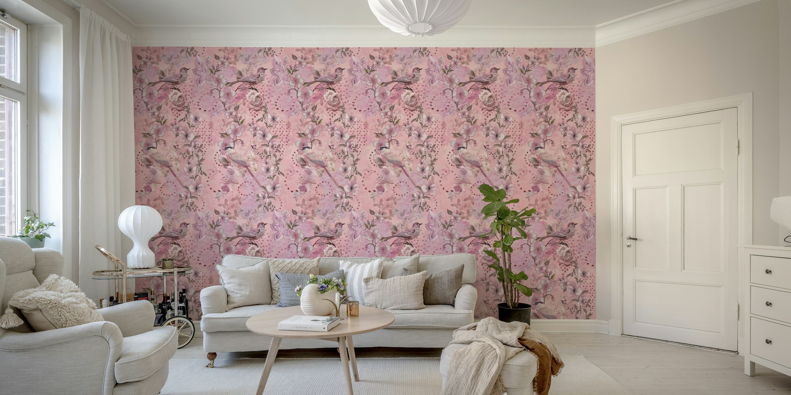 Embroidery-style birds and flowers wall mural in pink tones