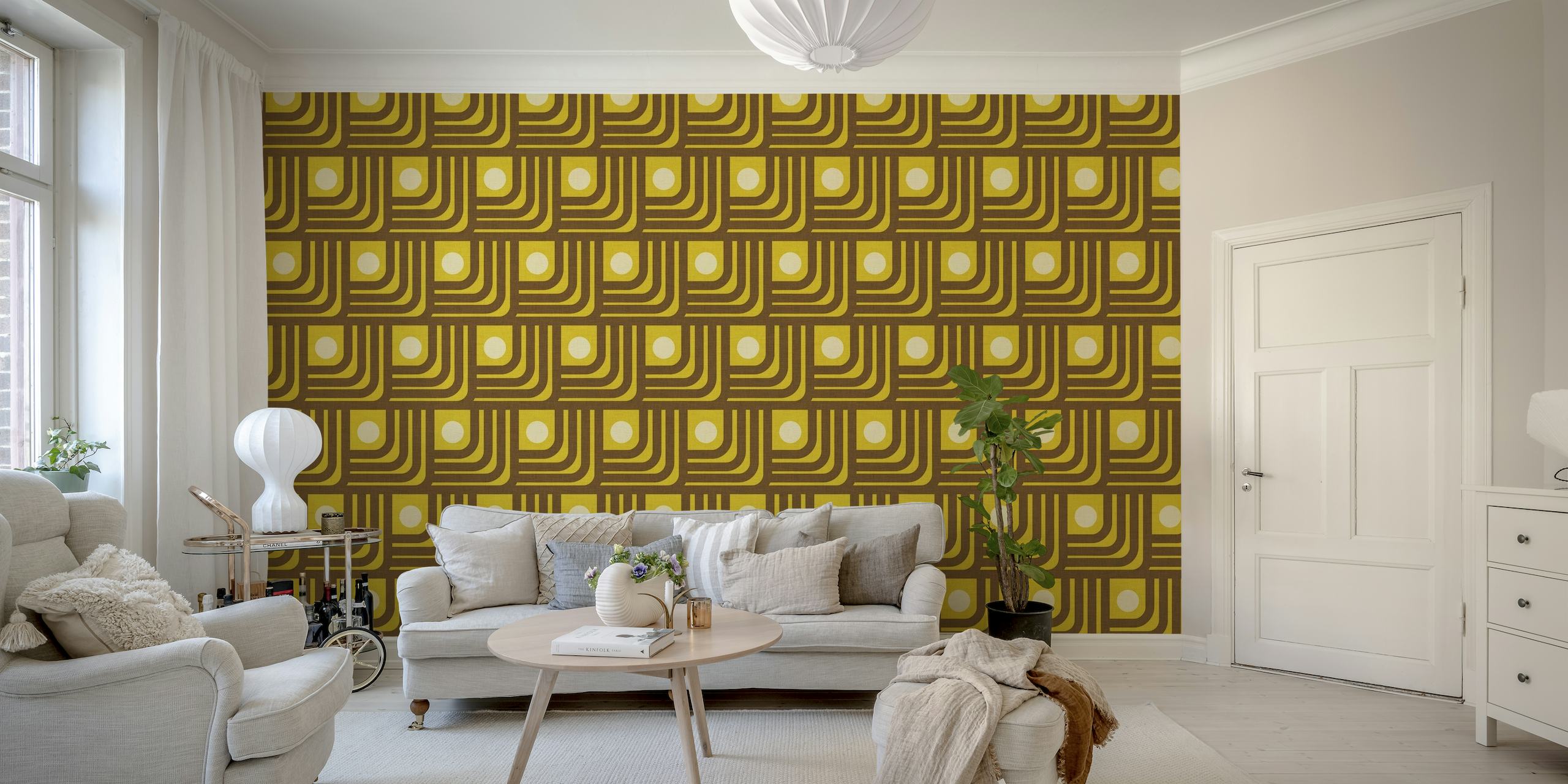 70s-inspired avocado green wall mural with curved lines and geometric squares