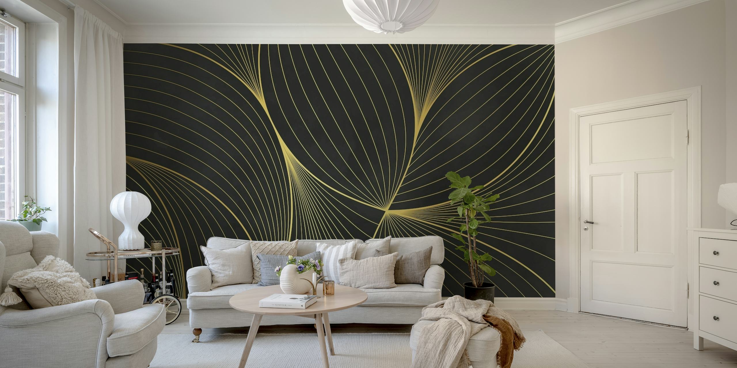 Luxe gouden lijnen abstracte muurschildering