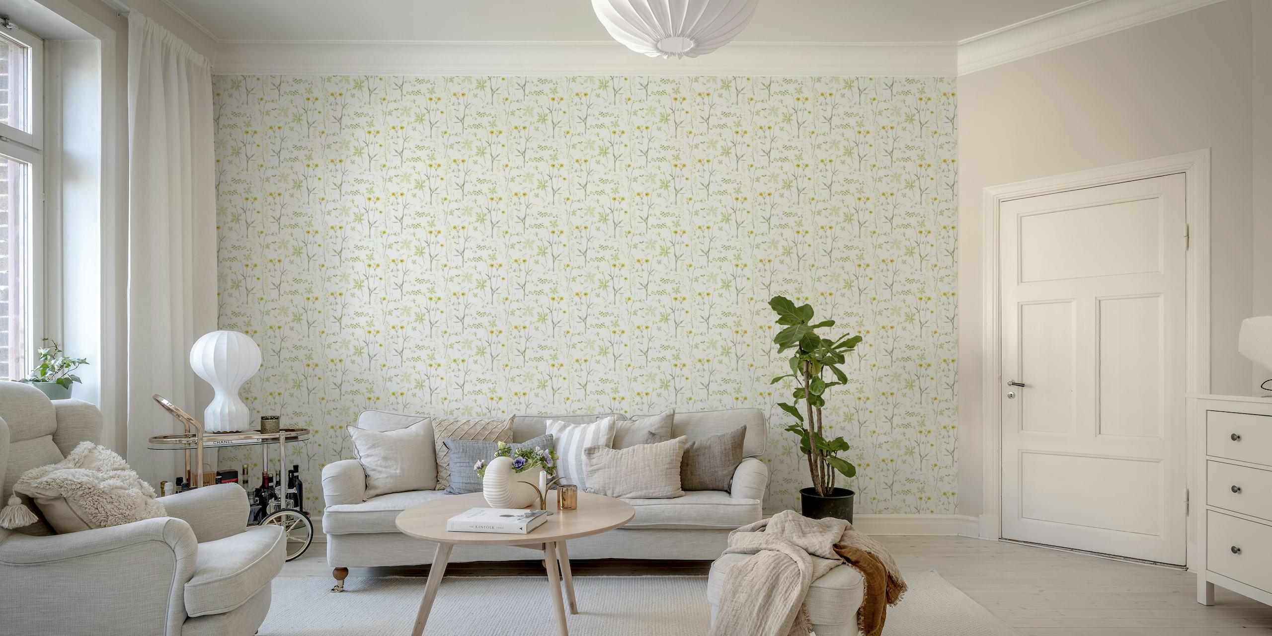 Tranquil flower field wall mural with soft pastel tones and a sense of natural elegance