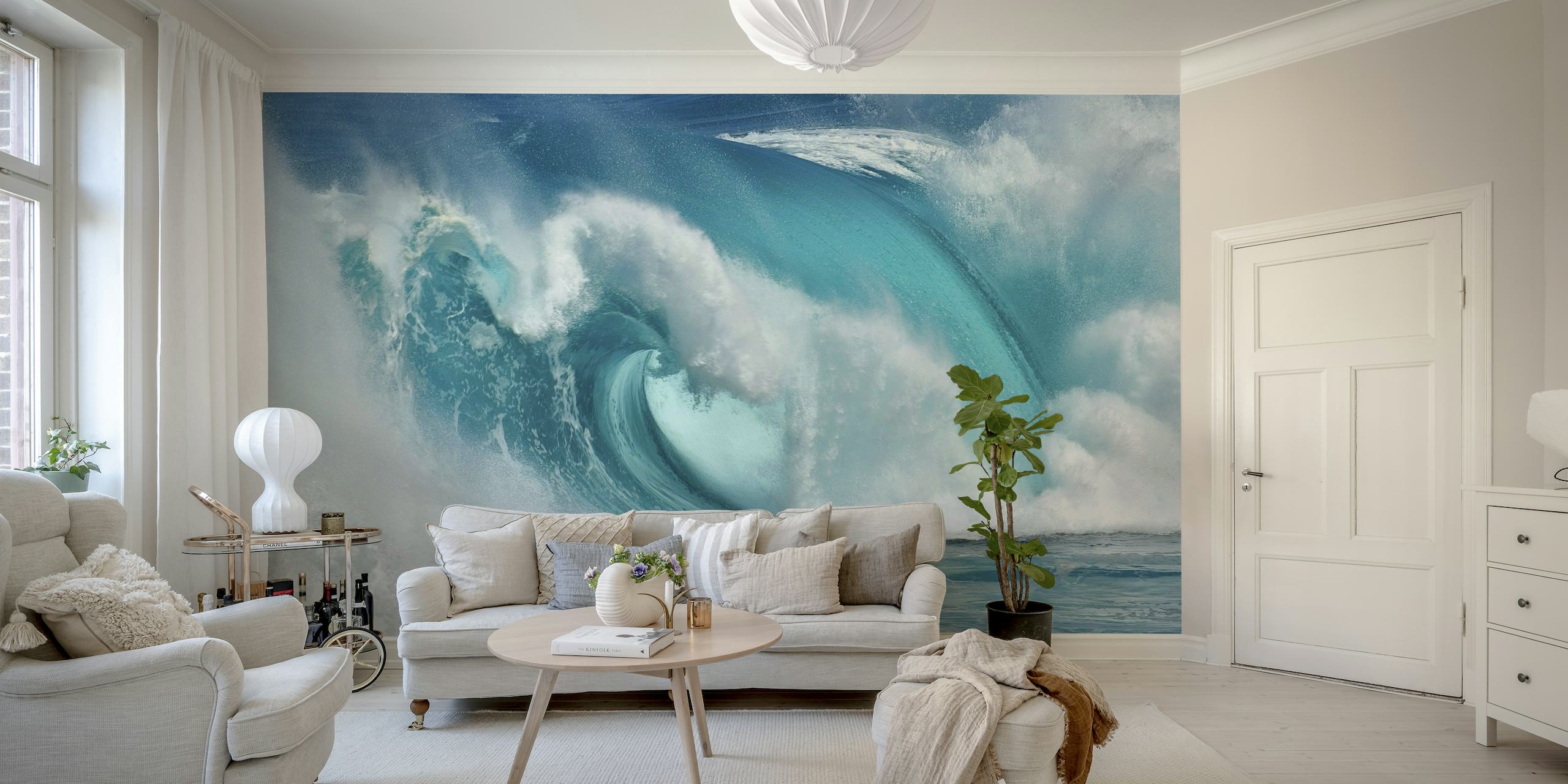 Abstrakti valtameren aaltojen seinämaalaus sinisellä tuliefektillä