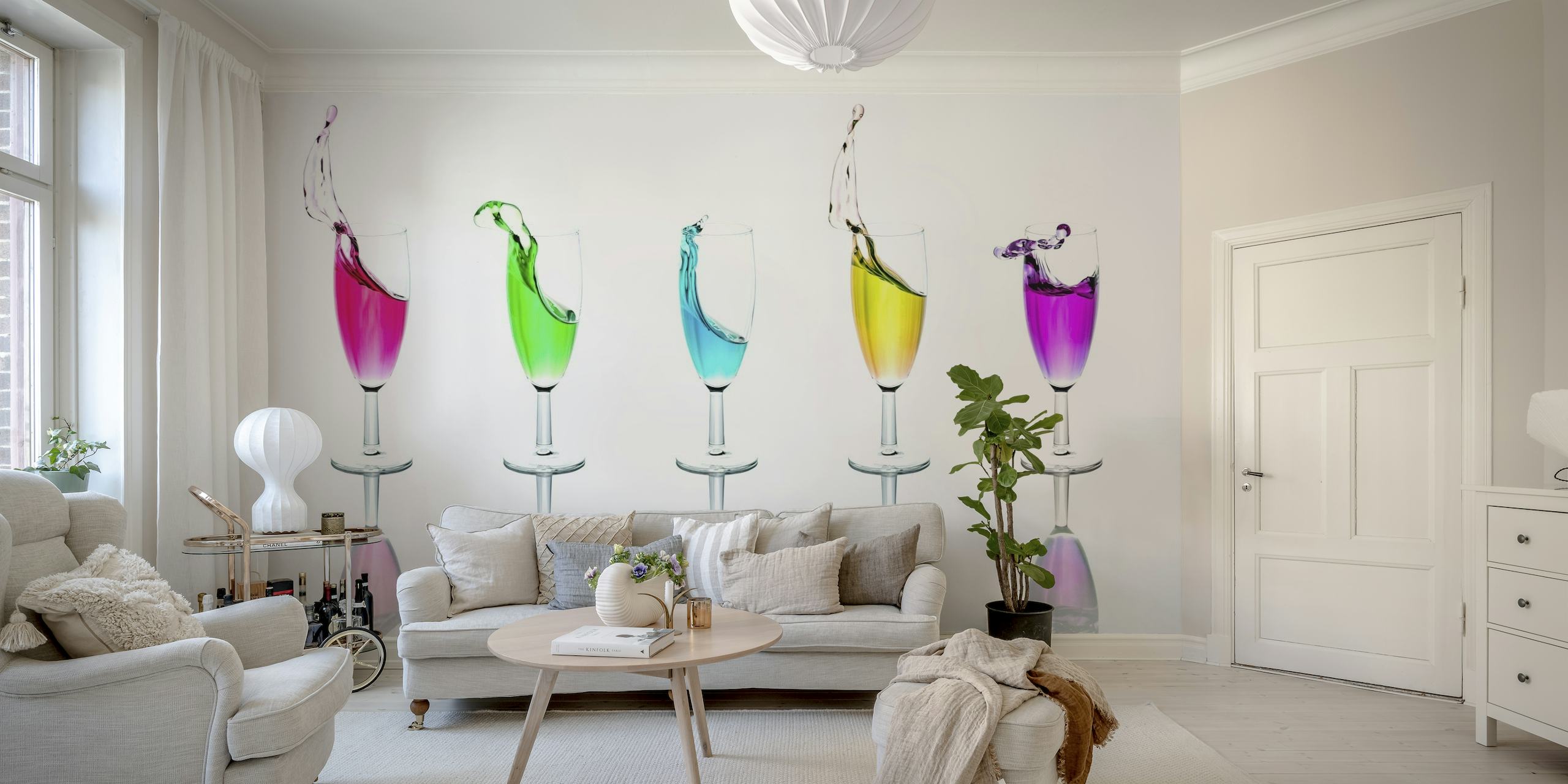 Colorful liquid splashes from a row of glasses against a white background wall mural